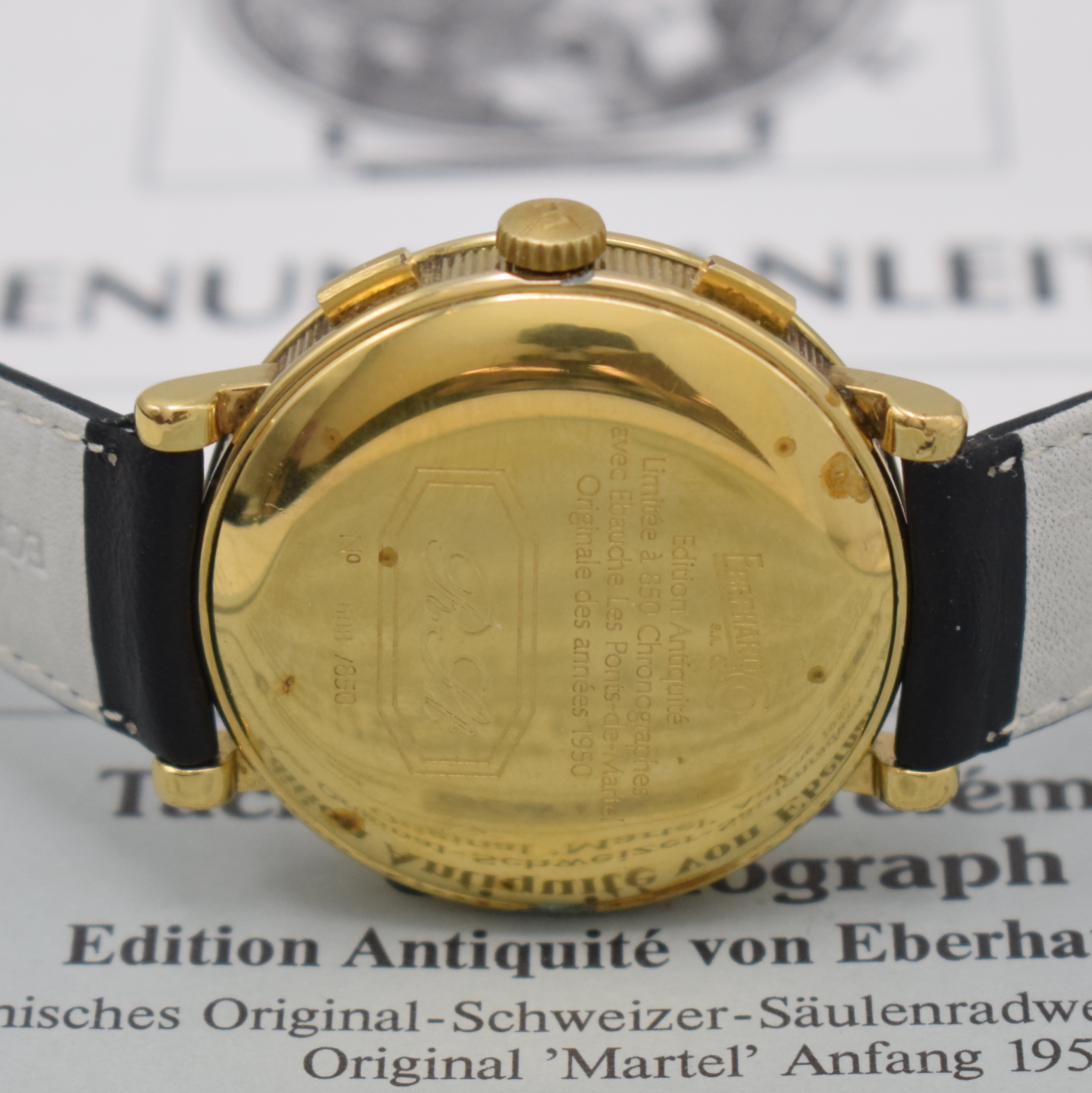 Detail c: EBERHARD & CO auf 850 Stück limitierter Schaltradchronograph, Schweiz verk. lt. Pap. 12/1985, Handaufzug, Boden u. Glasrand aufgedr., weißes ...