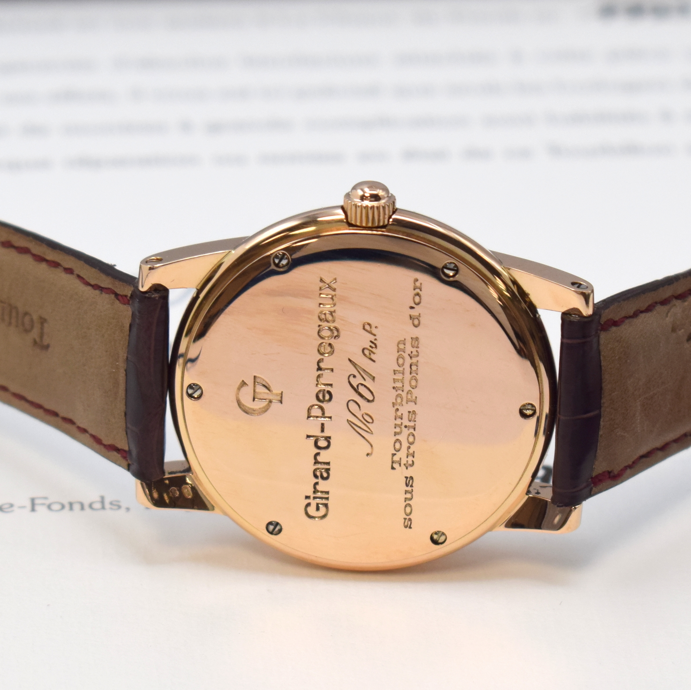 Detail f: GIRARD PERREGAUX hochfeines und extrem seltenes 3-Brücken Tourbillon Nr. 61 in RG 750/000, Handaufzug, Schweiz hergestellt 1993, 3-teil. Geh., Boden ...