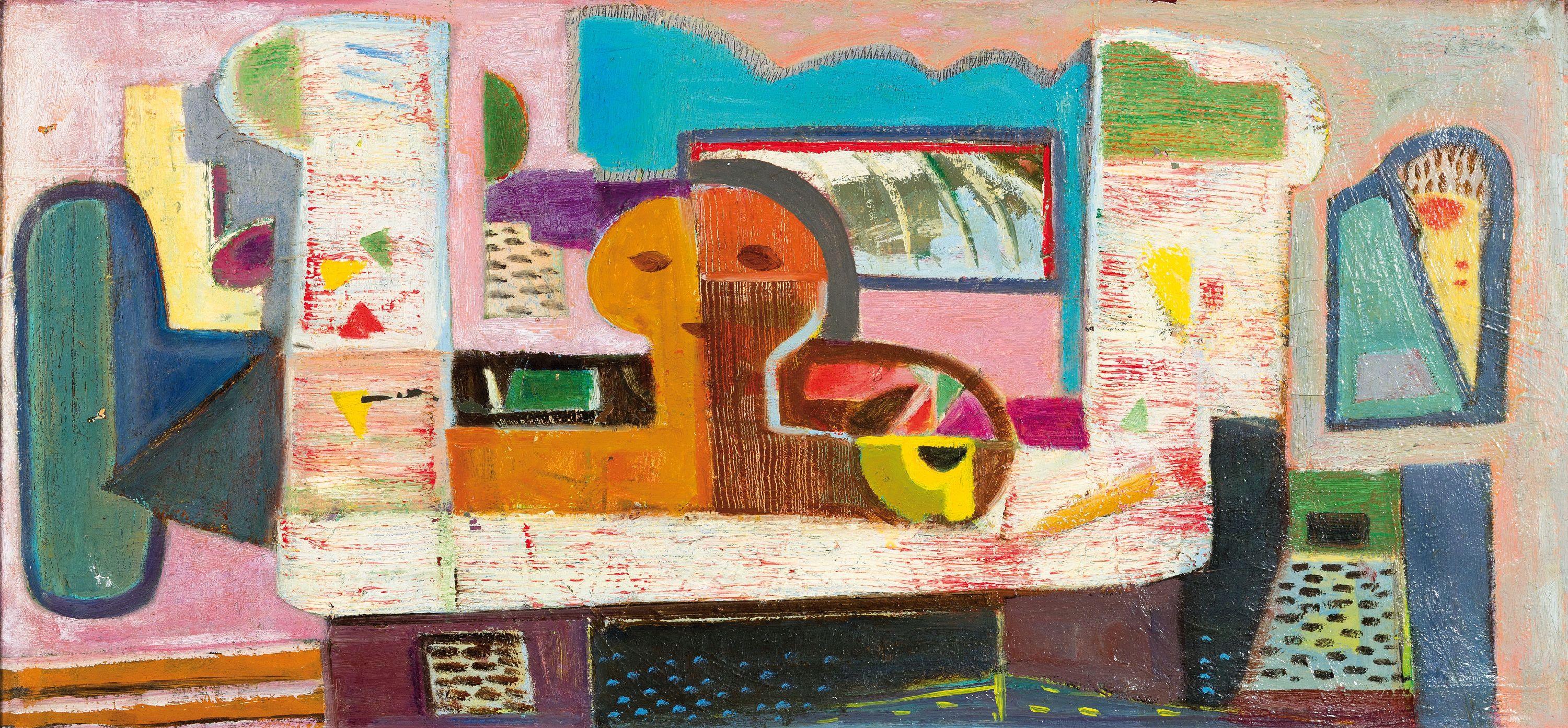 Rolf-Müller- Landau, 1903-1956, Öl/Lwd, Abstrakte Komposition, zwischen 1949 und 1954, verso handsign., ca. 44,5x92 cm, Rahmengr. 50x97,5 cm , Auf ...