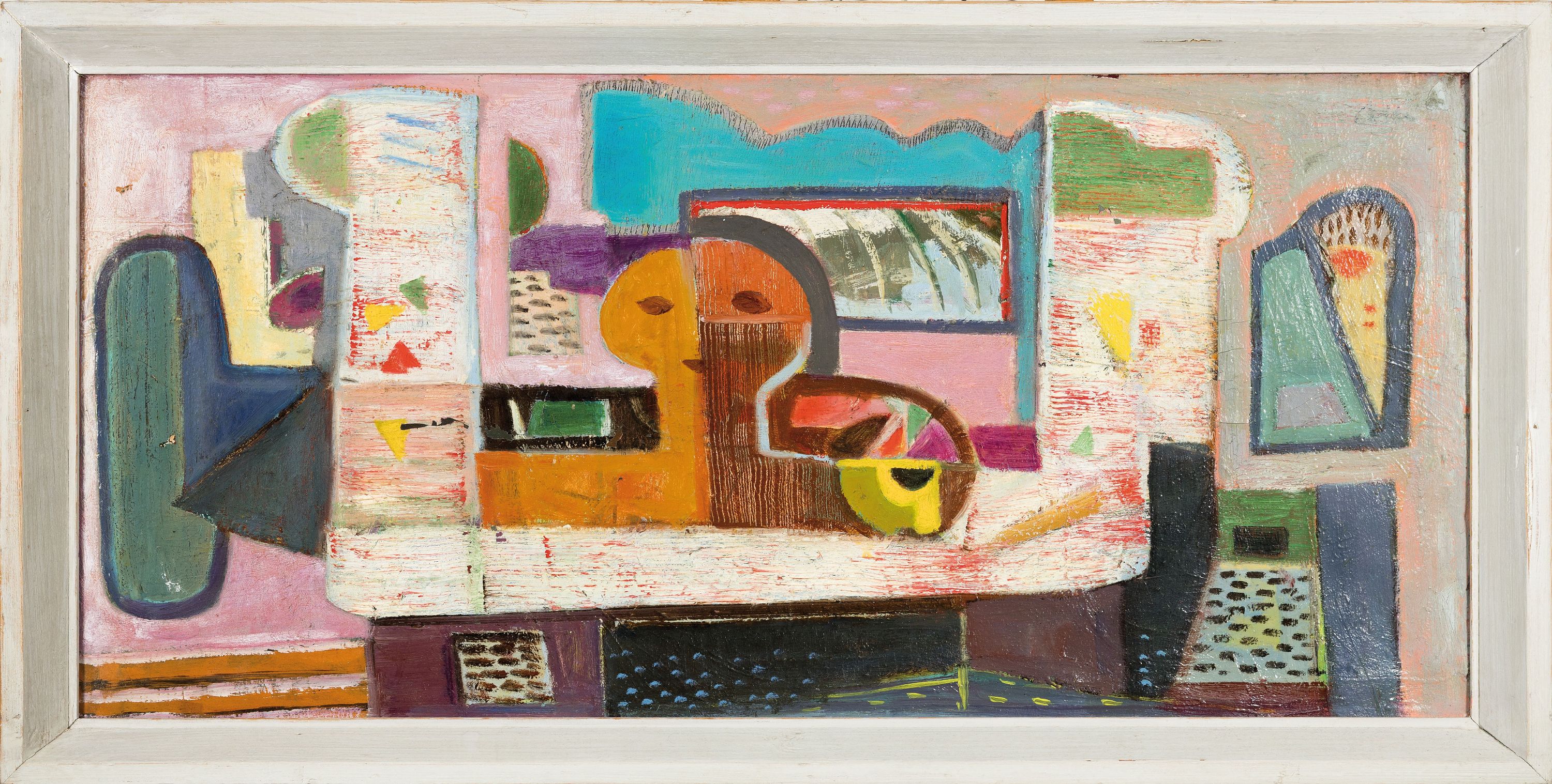 Detail k: Rolf-Müller- Landau, 1903-1956, Öl/Lwd, Abstrakte Komposition, zwischen 1949 und 1954, verso handsign., ca. 44,5x92 cm, Rahmengr. 50x97,5 cm , Auf ...