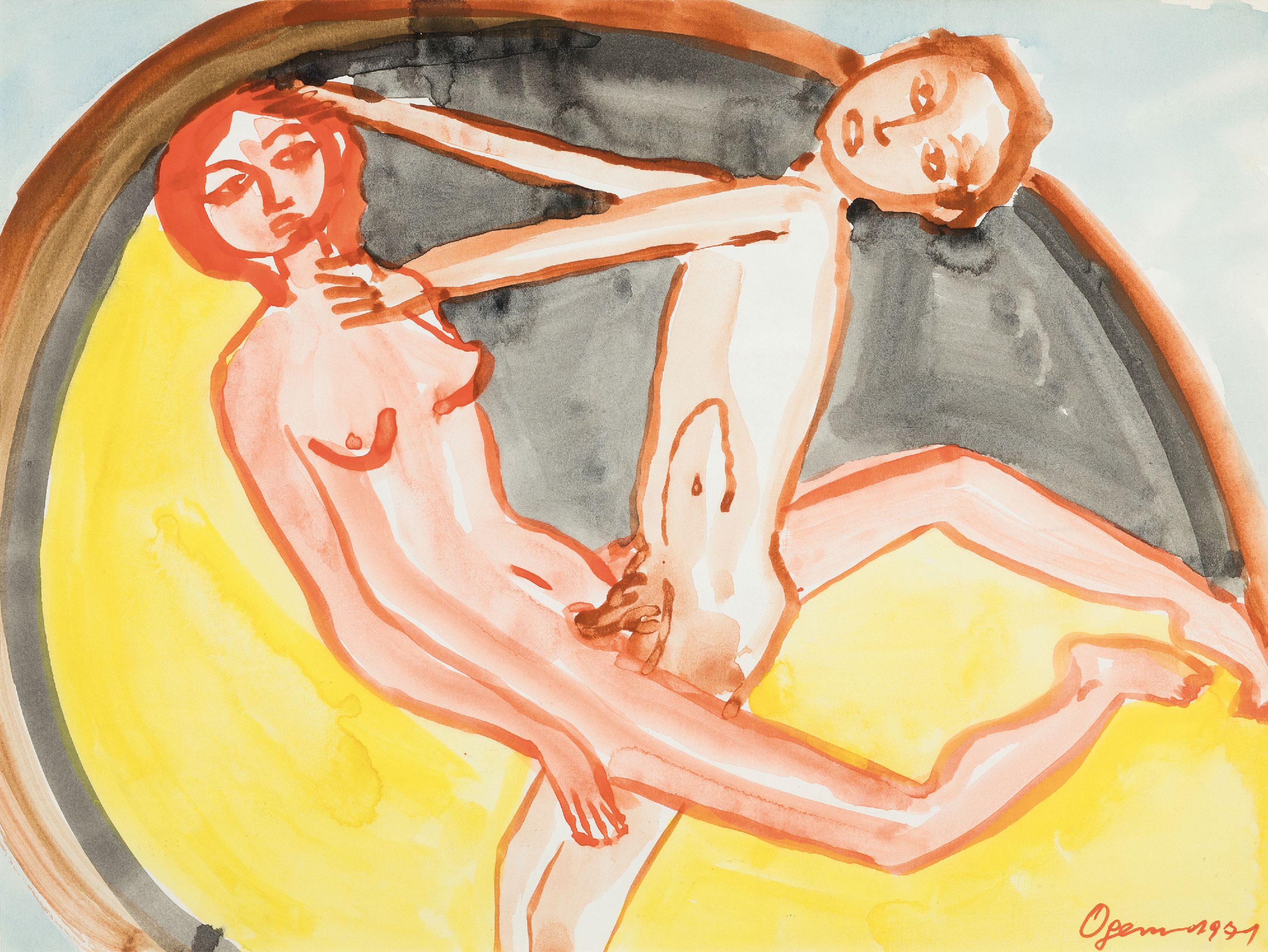 Detail c: Gertrud Ogem, 1919-1985, Konvolut aus 2 expressionistische Aquarell/Mischtechnik/ Papier, je sign., dat., je unter Glas, 43x53, 42x52 cm