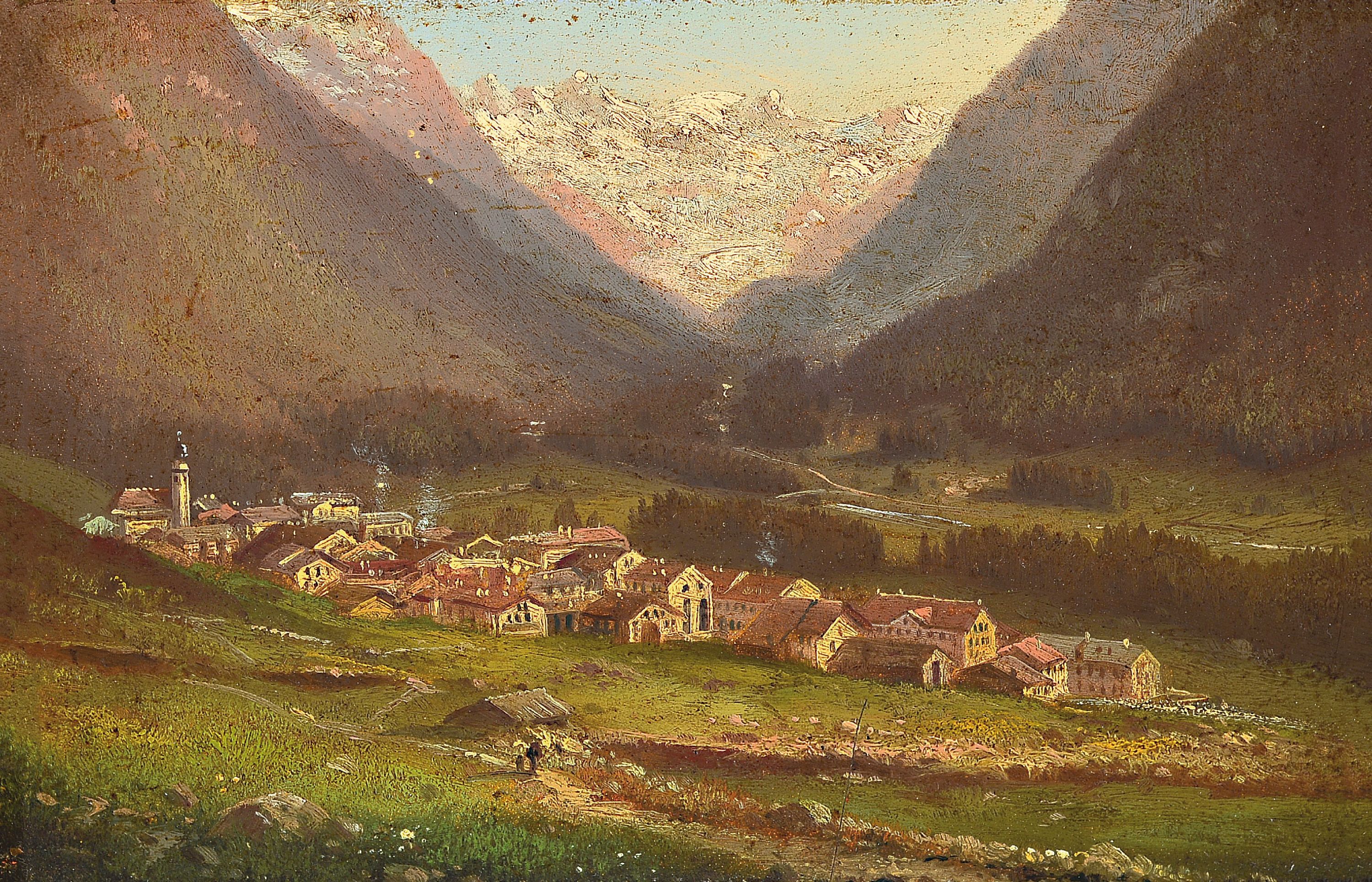 Hubert Sattler, 1817-1904, Blick auf Champery (Schweiz), Öl/Malkarton, rückseitig monogrammiert und mit Werknummer P99 versehen, ca. 11x16cm, R. ...