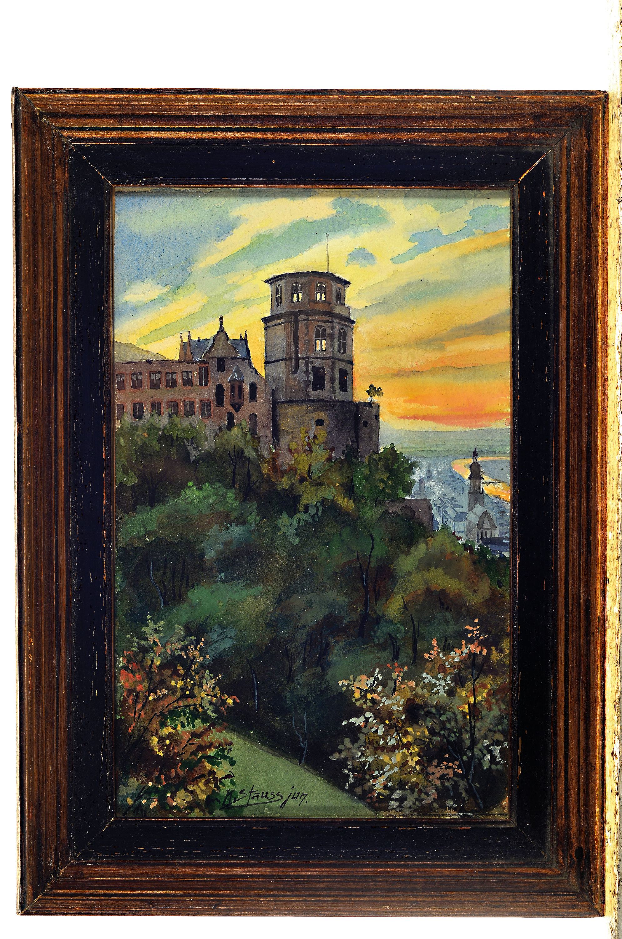 Detail k: Karl Stauss, 1887 Heidelberg-1964 Würzburg, Blick auf das Heidelberger SChloß, Aquarell auf Papier, mittig unten sign., ca. 22x14cm, u.Gl., R. ca. ...