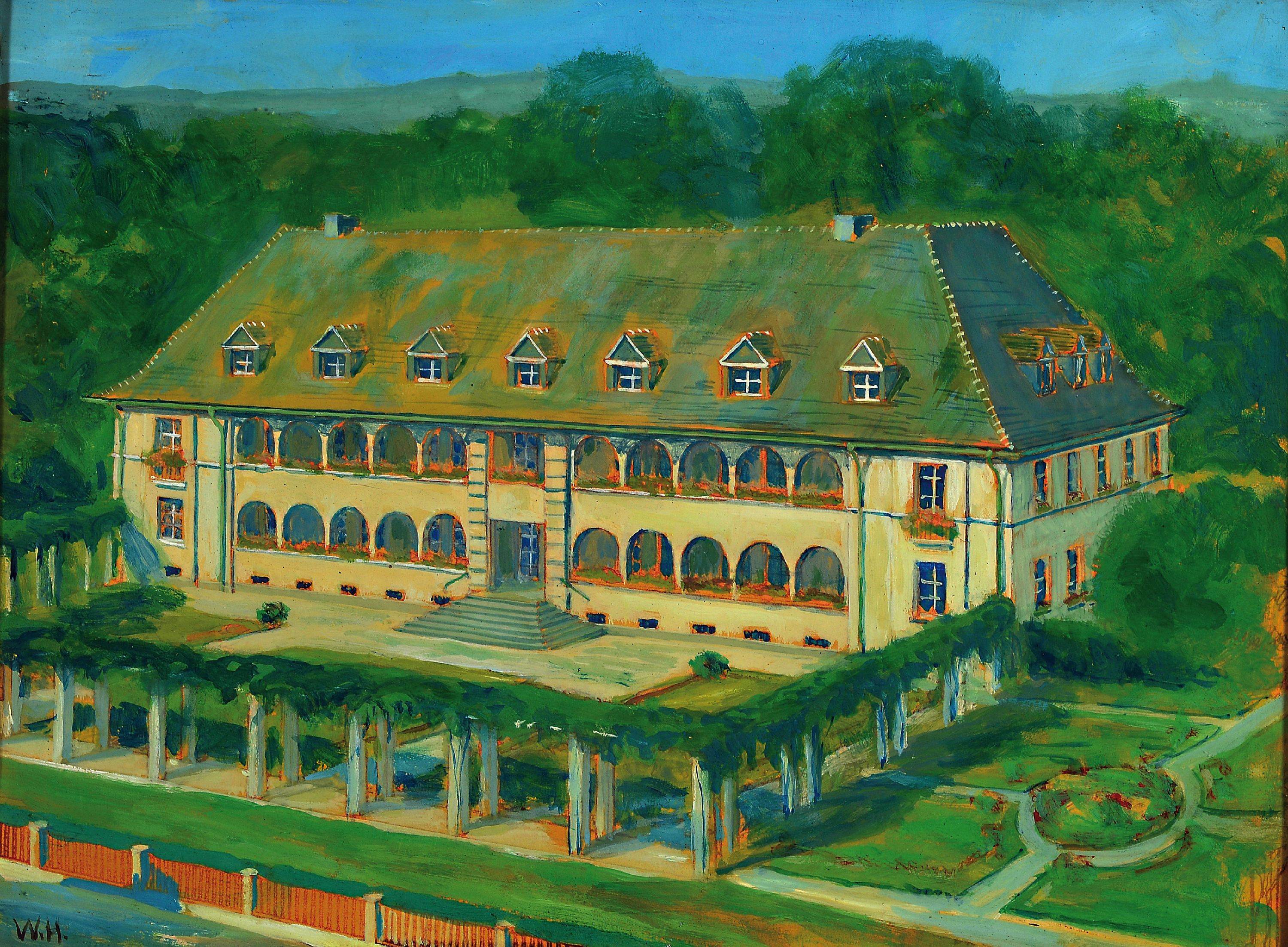 Willibald Hamburger, 1884 Gronau-1965, Das Feierabendhaus der Diakonie Bad Kreuznach,Gouache auf Papier, links unten monogr., ca. 30x40cm, u.Gl., R. ...