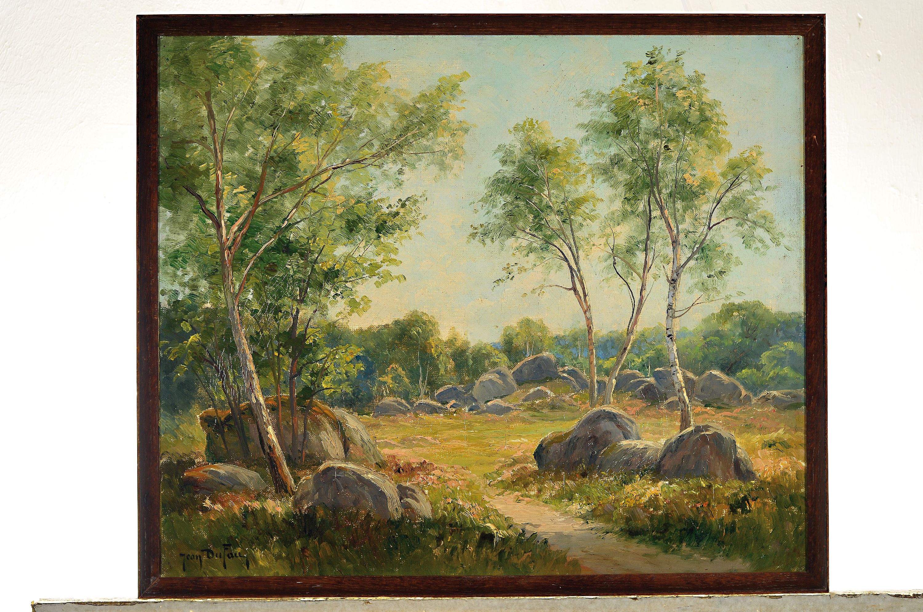 Detail k: Jean Dufau, frz. Maler des 19./20. Jh., rückseitig betitelt: Vallée du domain foret de Fontainebleau, effet de printemps, Öl/Lwd, links unten ...