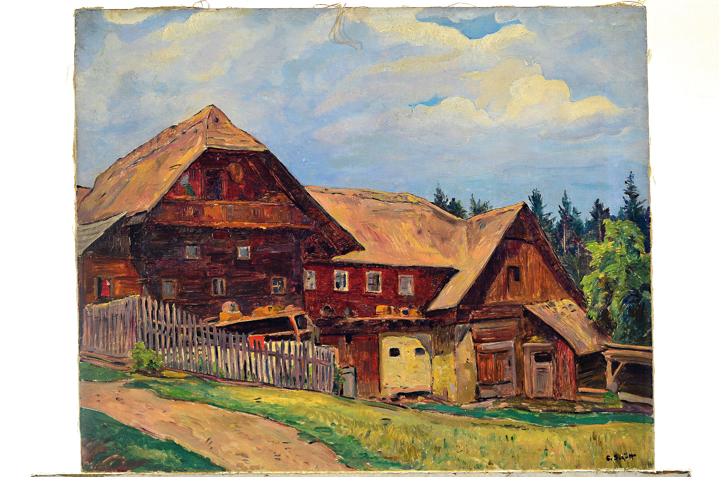 Detail k: Gustav Schütt, 1890 Wien-1968, Bauernhof in Kärnten, Öl/Lwd, rechts unten sign., ca. 55x68cm, Studium an der Akademie Wien, Werke in versch. ...