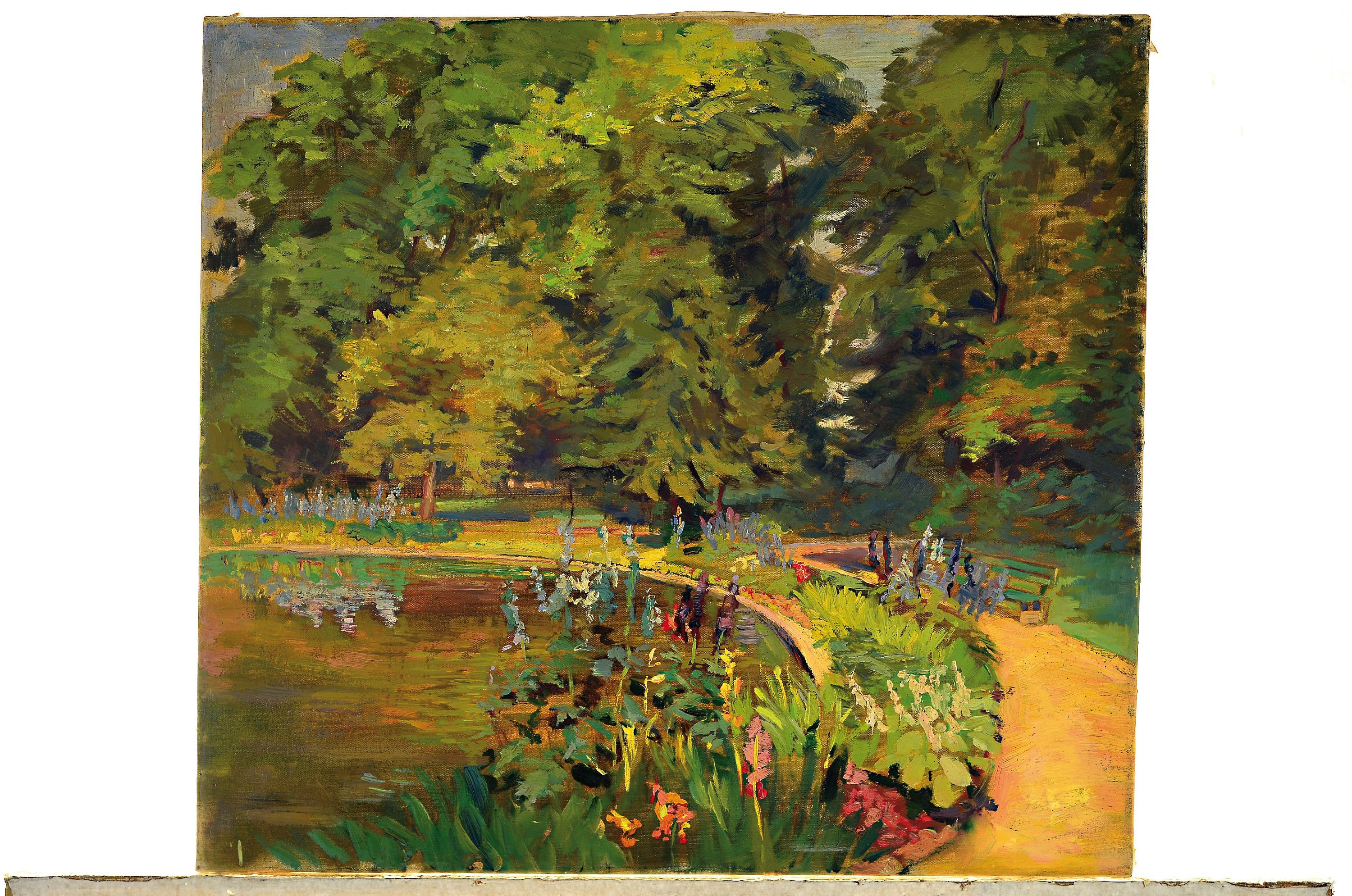 Detail k: Hans Deiters, 1868 Düsseldorf-1922 München, Parklandschaft mit Teich, Öl/Lwd, verso Nachlaßstempel, ca. 50x55cm