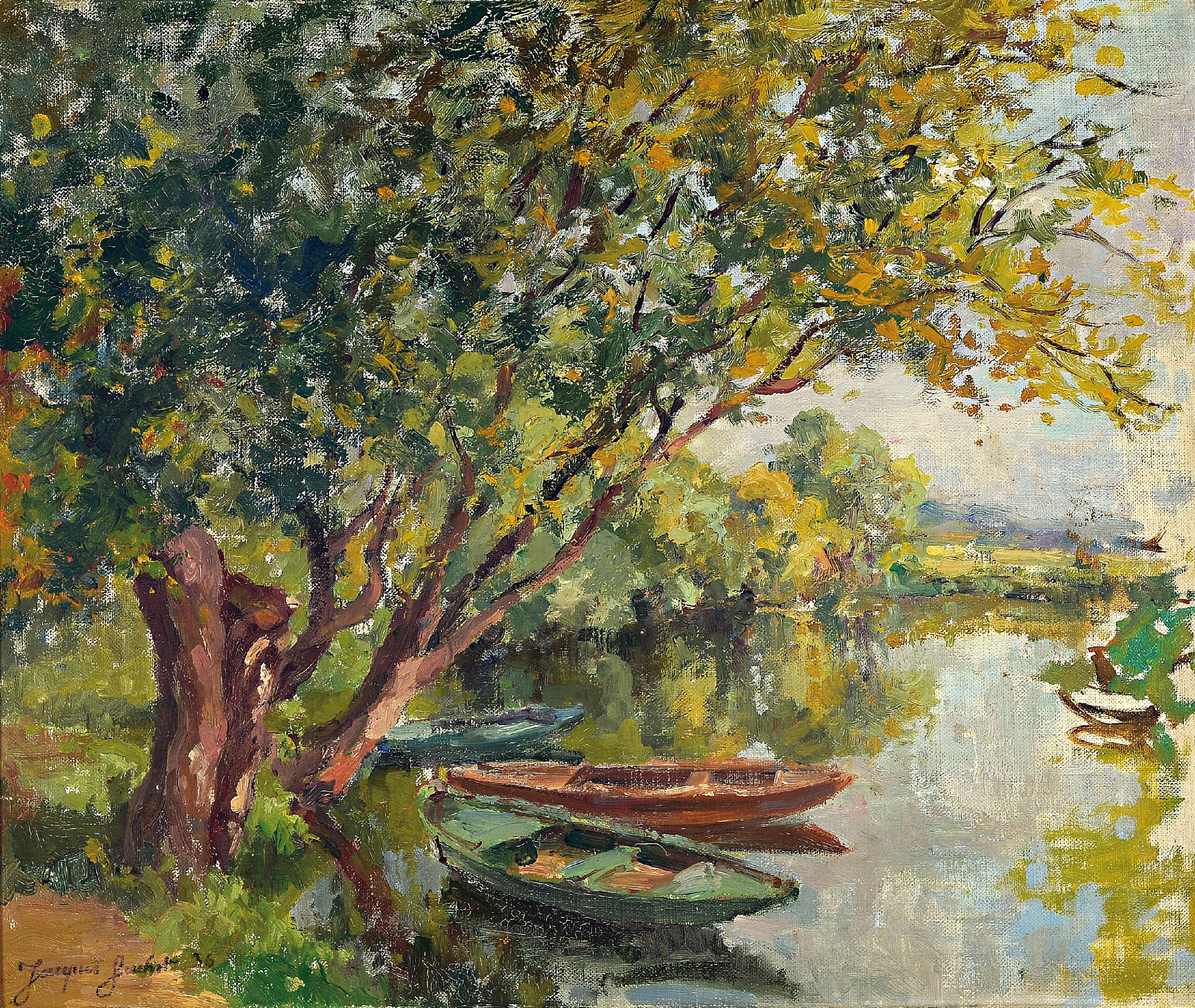 Jacques Gachot, 1885-1954, Fischerboote am Baum bestandenen Seeufer, Öl/Malkarton, links unten sign., ca. 46x56cm, R. ca. 54x64cm