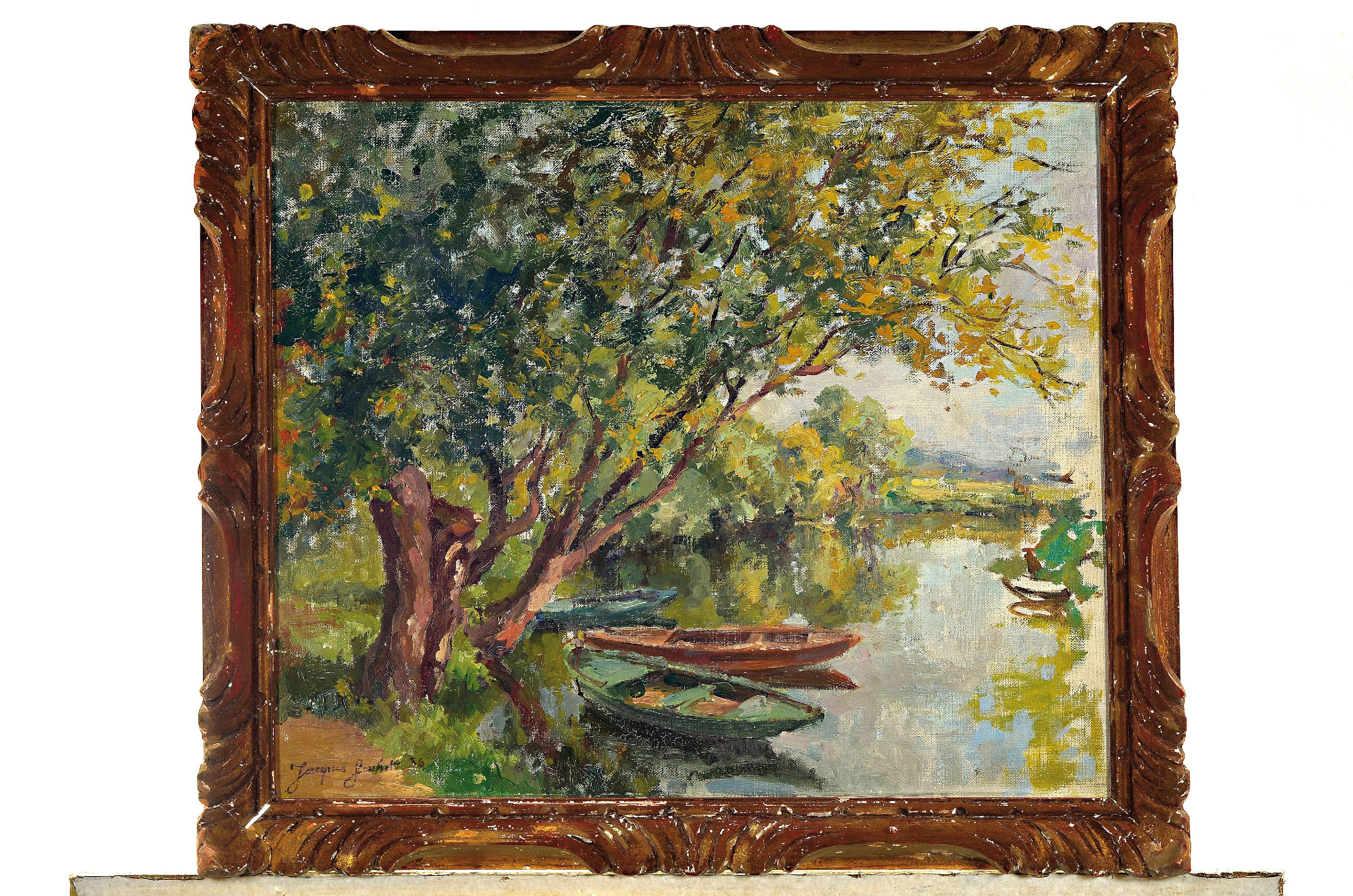 Detail k: Jacques Gachot, 1885-1954, Fischerboote am Baum bestandenen Seeufer, Öl/Malkarton, links unten sign., ca. 46x56cm, R. ca. 54x64cm