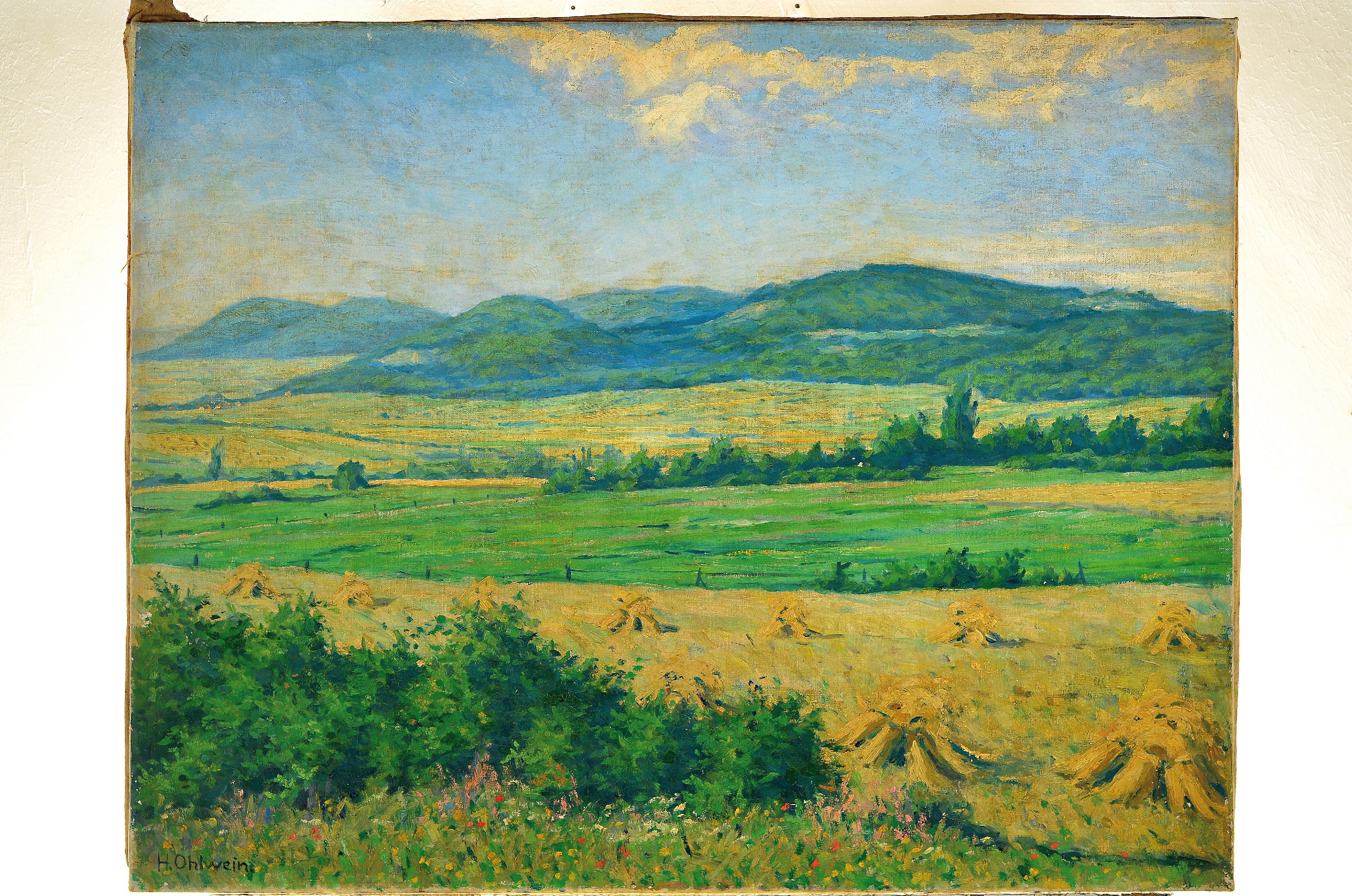 Detail k: Heinrich Ohlwein, 1898 Kassel-1969, Landschaft bei Kassel, rückseitig bez.: Lange Berge, Öl/Lwd, links unten sign., rückseitig sign. und dat. ...