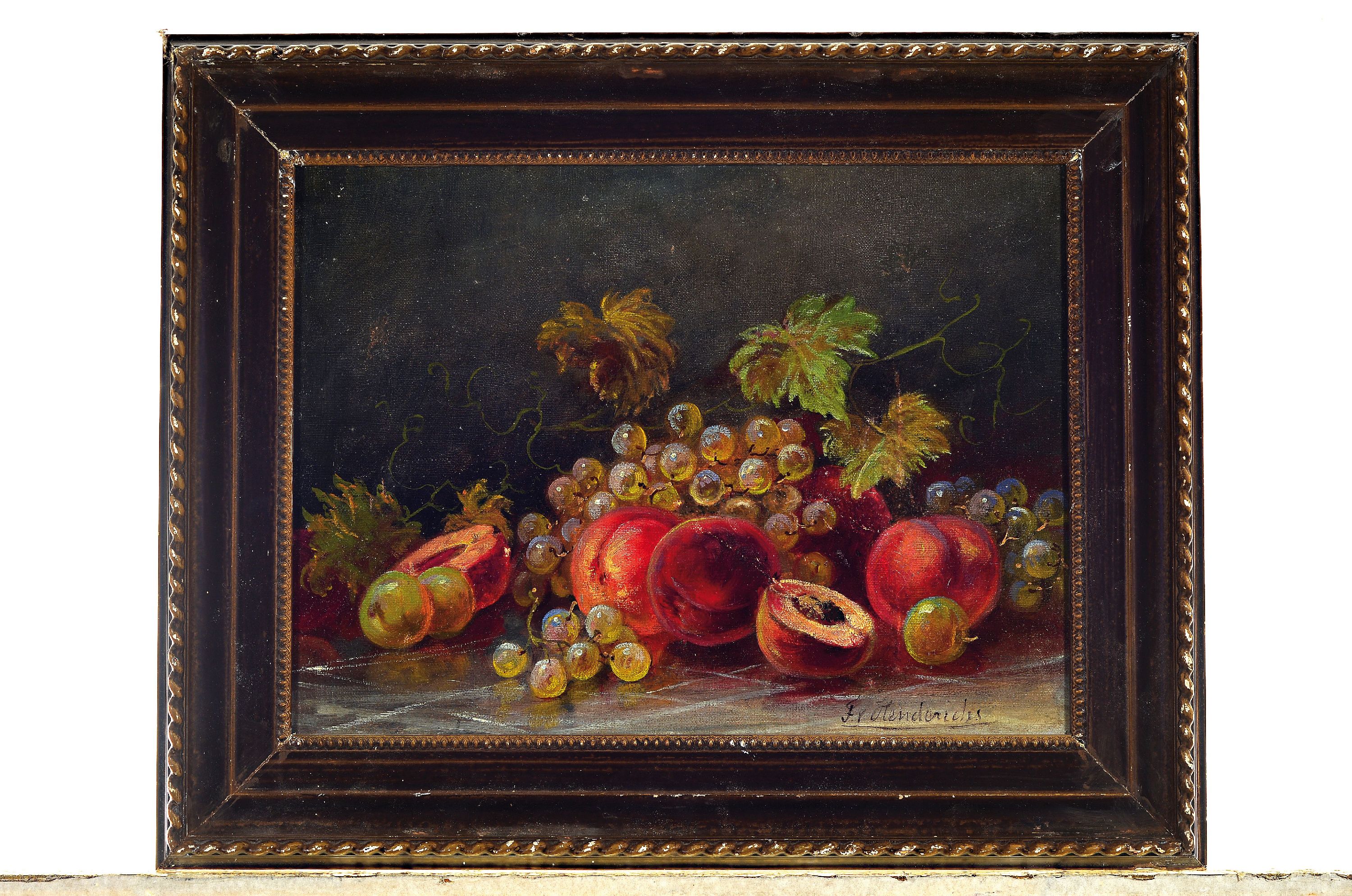 Detail k: Franz von Henderichs, Maler um 1900, Düsseldorfer Schule, Stillleben mit Trauben und Pfirsichen, Öl/Lwd, rechts unten sign., rest., doubl., ca. ...