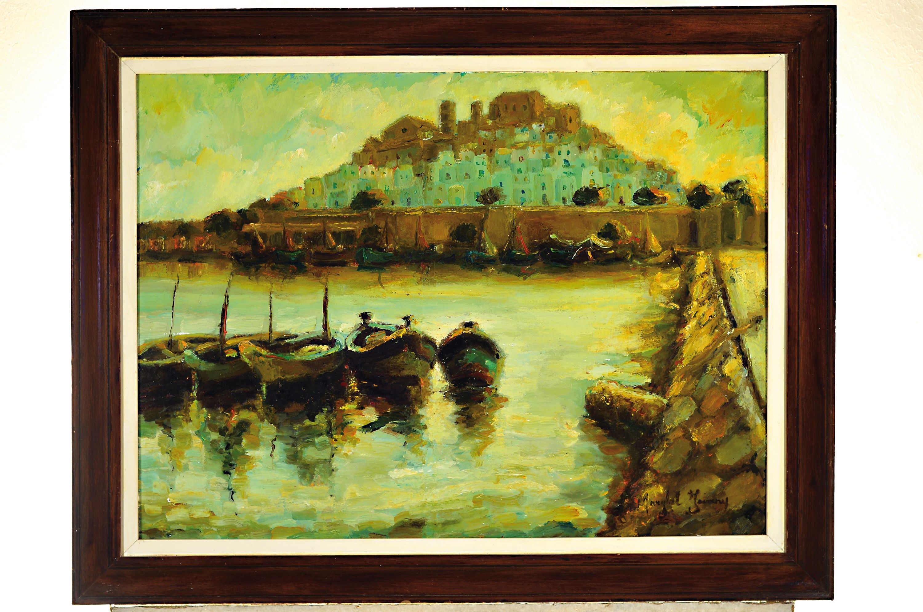 Detail k: Unbekannter Künstler des 20. Jh., Blick auf Eivissa Ibiza, im Vordergrund Fischerboote, Öl/Lwd, rechts unten signiert, ca. 55x73cm, R. ca. 68x87cm