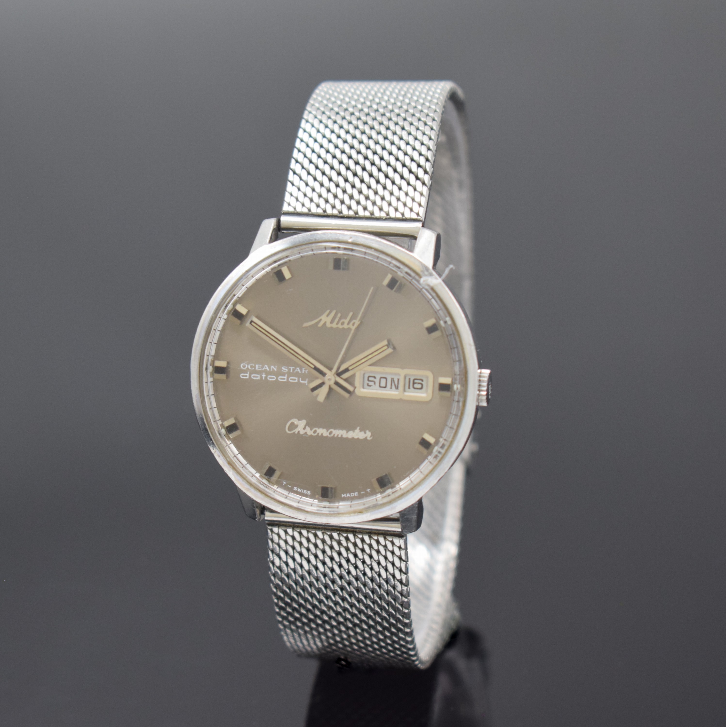 MIDO Herrenarmbanduhr Ocean Star Datoday Referenz 8309, Automatik, Schweiz um 1980, Edelstahl-Einschalengeh. inkl. orig. Band, get. A-Welle, silb. ...