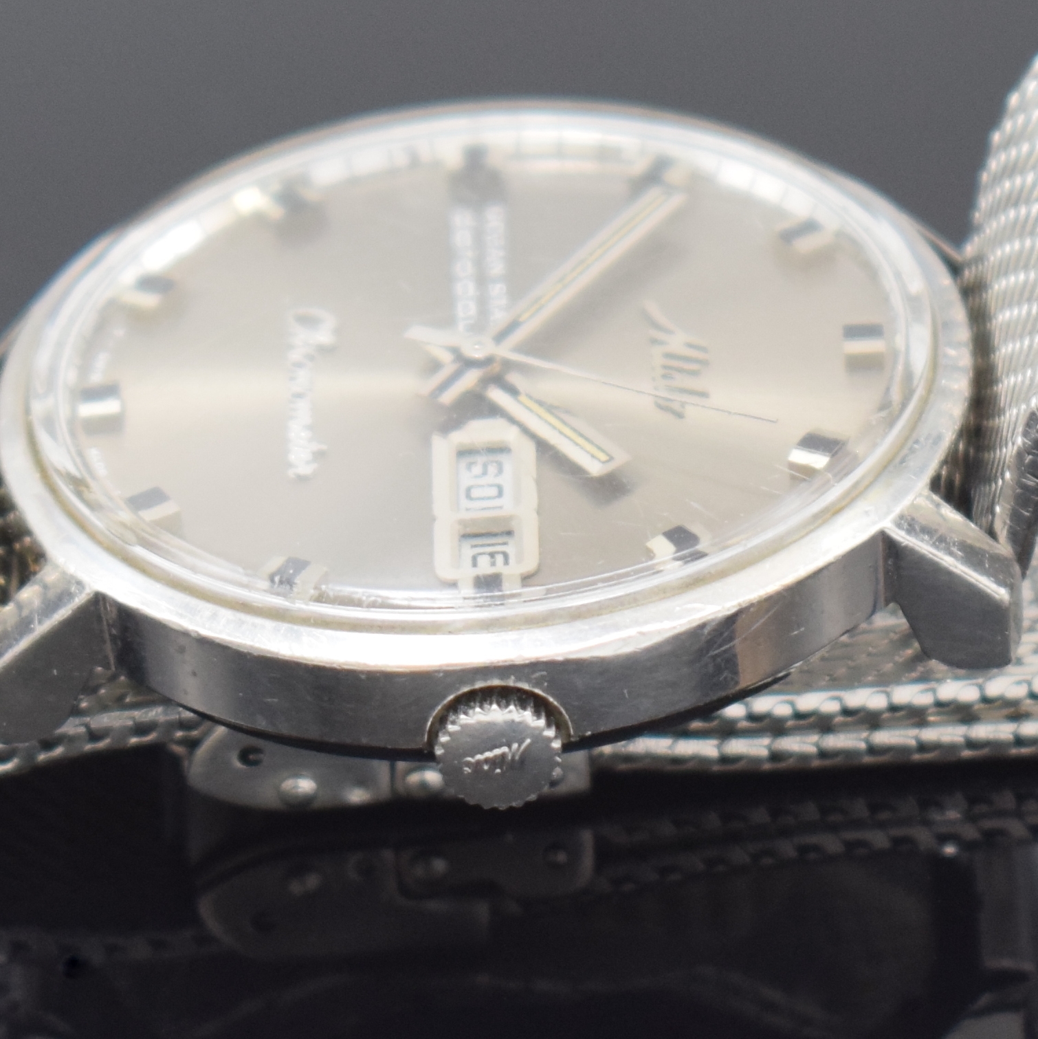 Detail c: MIDO Herrenarmbanduhr Ocean Star Datoday Referenz 8309, Automatik, Schweiz um 1980, Edelstahl-Einschalengeh. inkl. orig. Band, get. A-Welle, silb. ...
