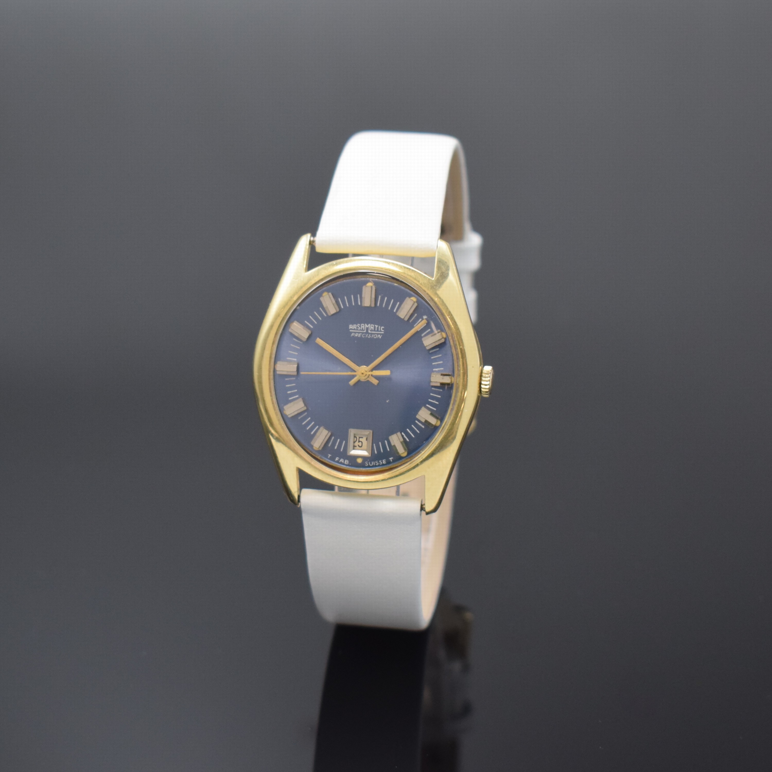 Armbanduhr in GG 750/000, Schweiz um 1970, Automatik, Boden aufgedr., blaues Zifferbl. bezeichnet Arsamatic Precision später, aufges. Std.-Ind., ...