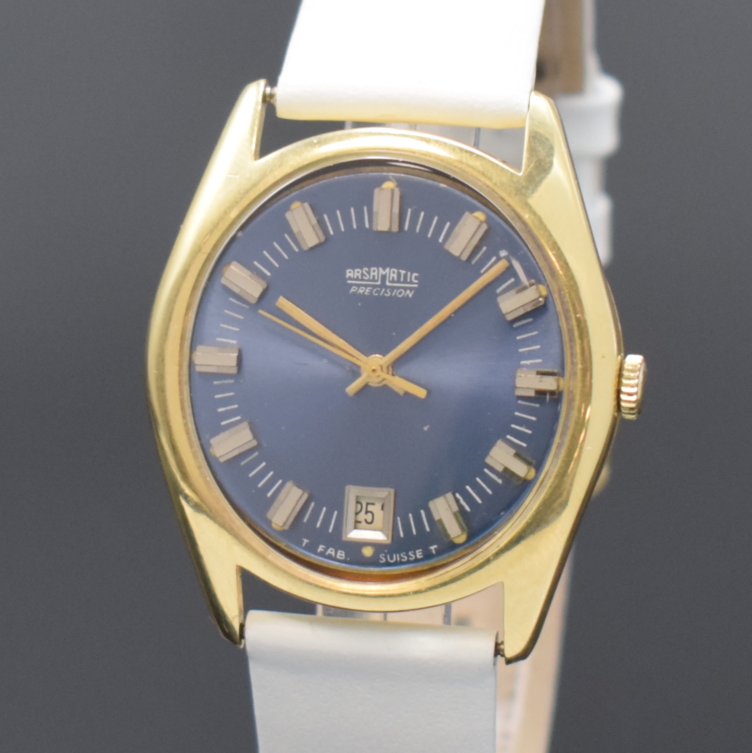 Detail a: Armbanduhr in GG 750/000, Schweiz um 1970, Automatik, Boden aufgedr., blaues Zifferbl. bezeichnet Arsamatic Precision später, aufges. Std.-Ind., ...