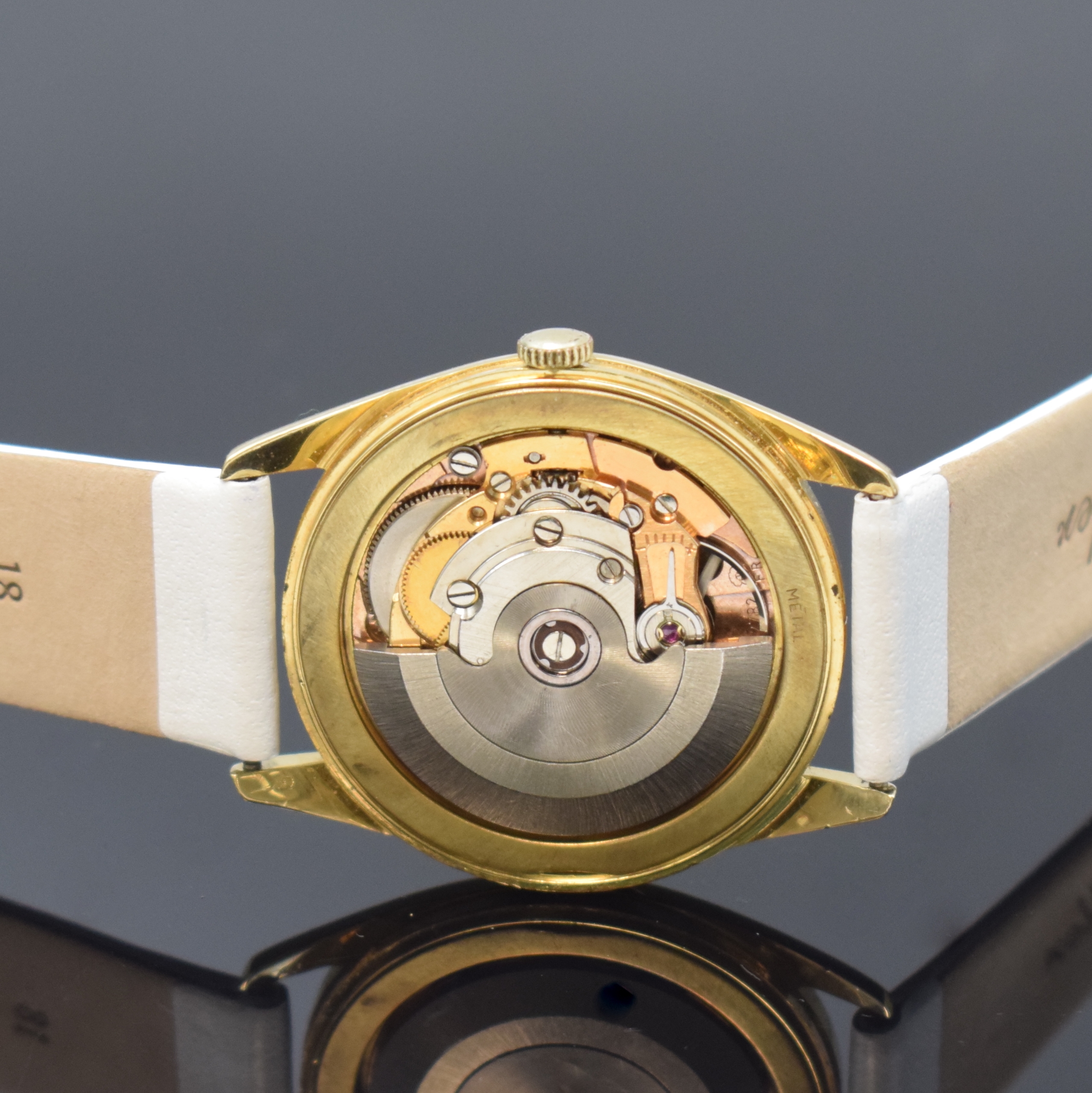 Detail d: Armbanduhr in GG 750/000, Schweiz um 1970, Automatik, Boden aufgedr., blaues Zifferbl. bezeichnet Arsamatic Precision später, aufges. Std.-Ind., ...