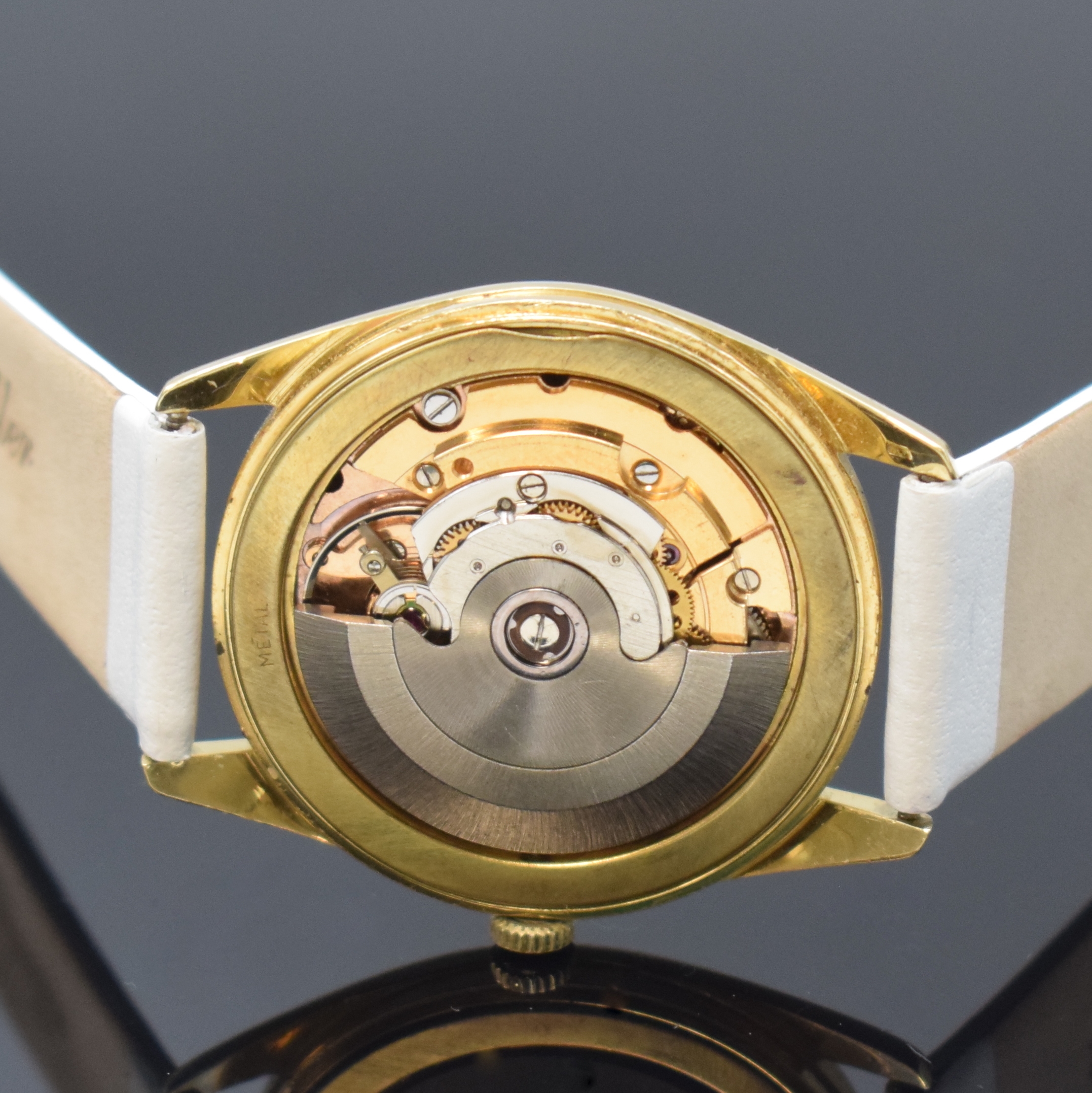 Detail e: Armbanduhr in GG 750/000, Schweiz um 1970, Automatik, Boden aufgedr., blaues Zifferbl. bezeichnet Arsamatic Precision später, aufges. Std.-Ind., ...