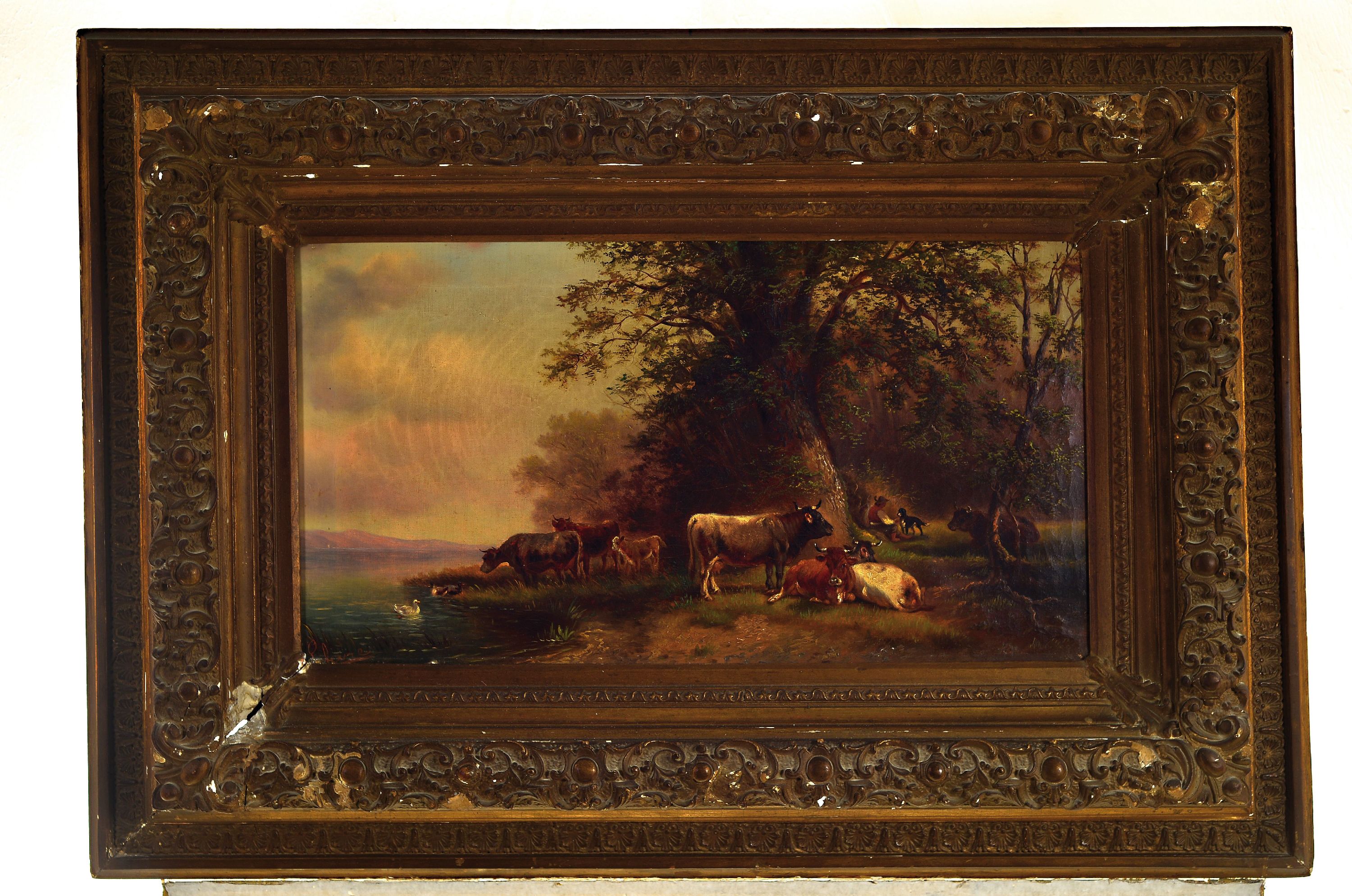 Detail k: Charles Lefevre, geb. 1875, Weidende Kühe unter Bäumen am Ufer eines Sees, rückseitig betitelt Am Genfersee, Öl/Lwd, links unten signiert, ...