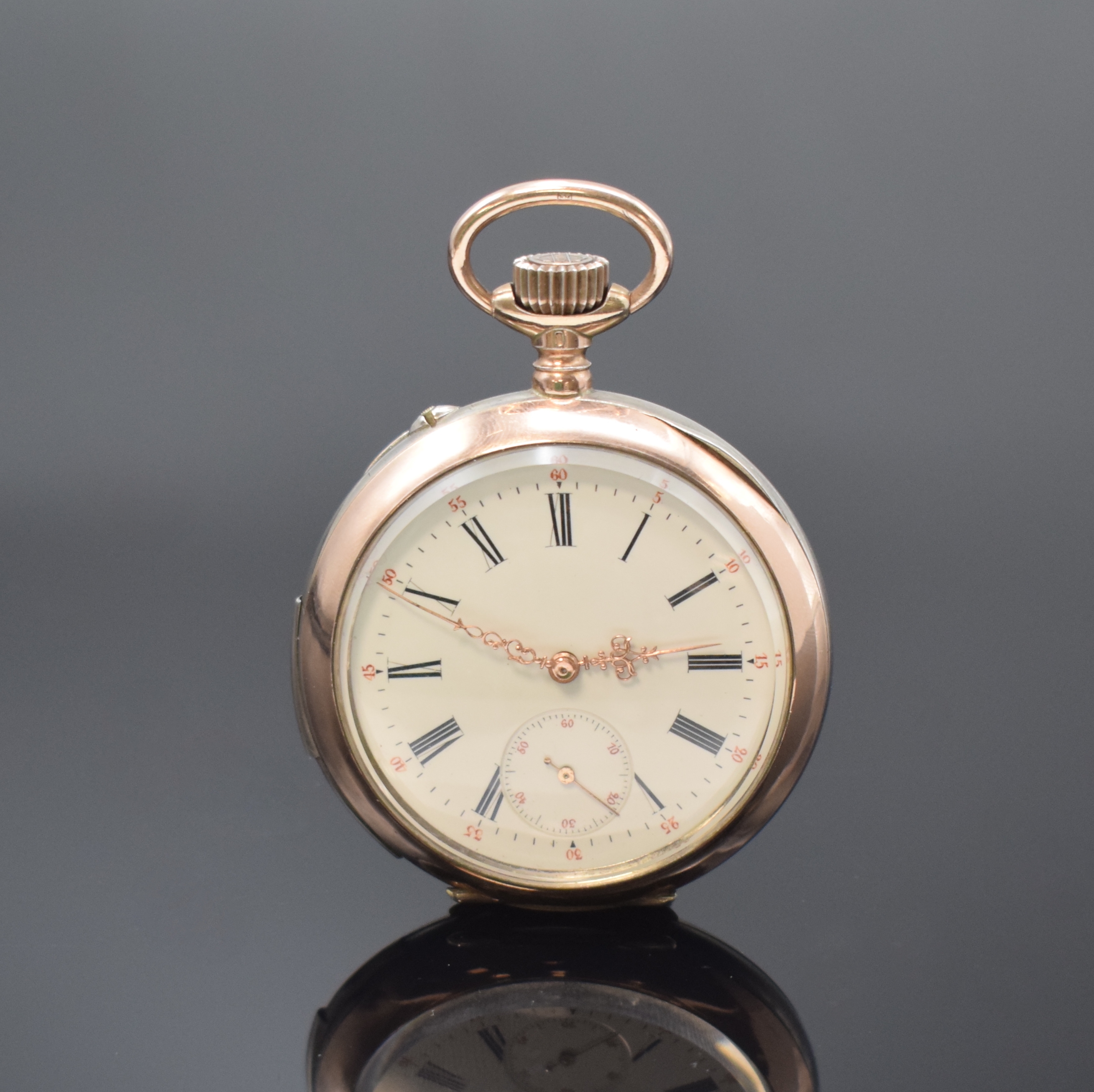 ASTRA offene Silbertaschenuhr mit 1/4 Stunden-Repetition, Schweiz um 1910, guill. Rückdeckel m. Monogrammspiegel, Silbercuvette, Emailzifferbl. m. ...