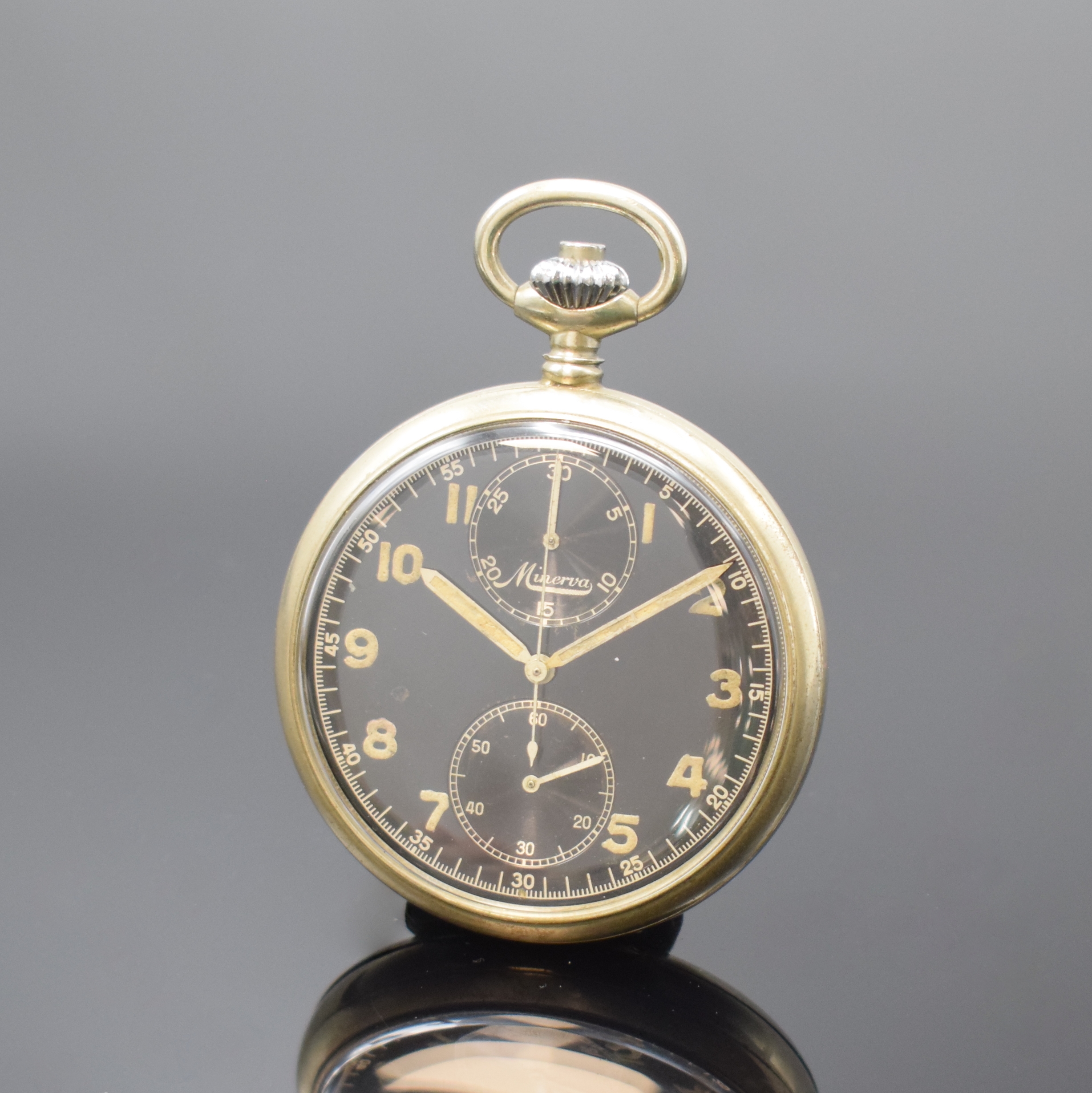 MINERVA offene Taschenuhr Kaliber 9-19 mit Schaltradchronograph, Schweiz um 1930, glattes Nickelgeh., schwarzes Glanz-Zifferbl. Leuchtzahlen u. orig. ...