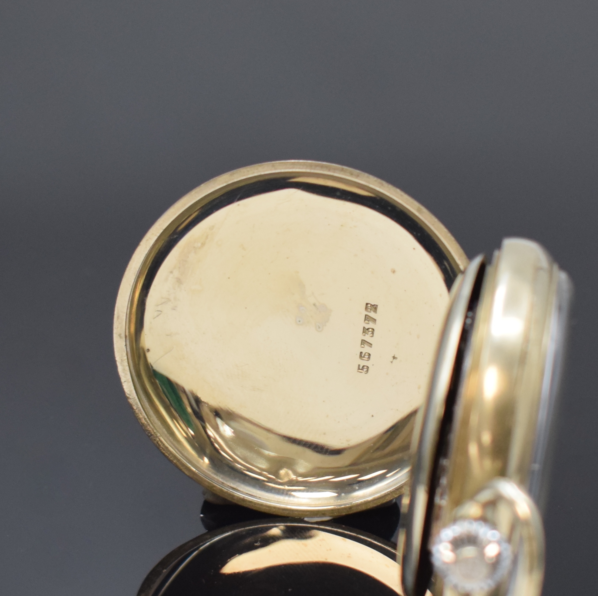 Detail b: MINERVA offene Taschenuhr Kaliber 9-19 mit Schaltradchronograph, Schweiz um 1930, glattes Nickelgeh., schwarzes Glanz-Zifferbl. Leuchtzahlen u. orig. ...
