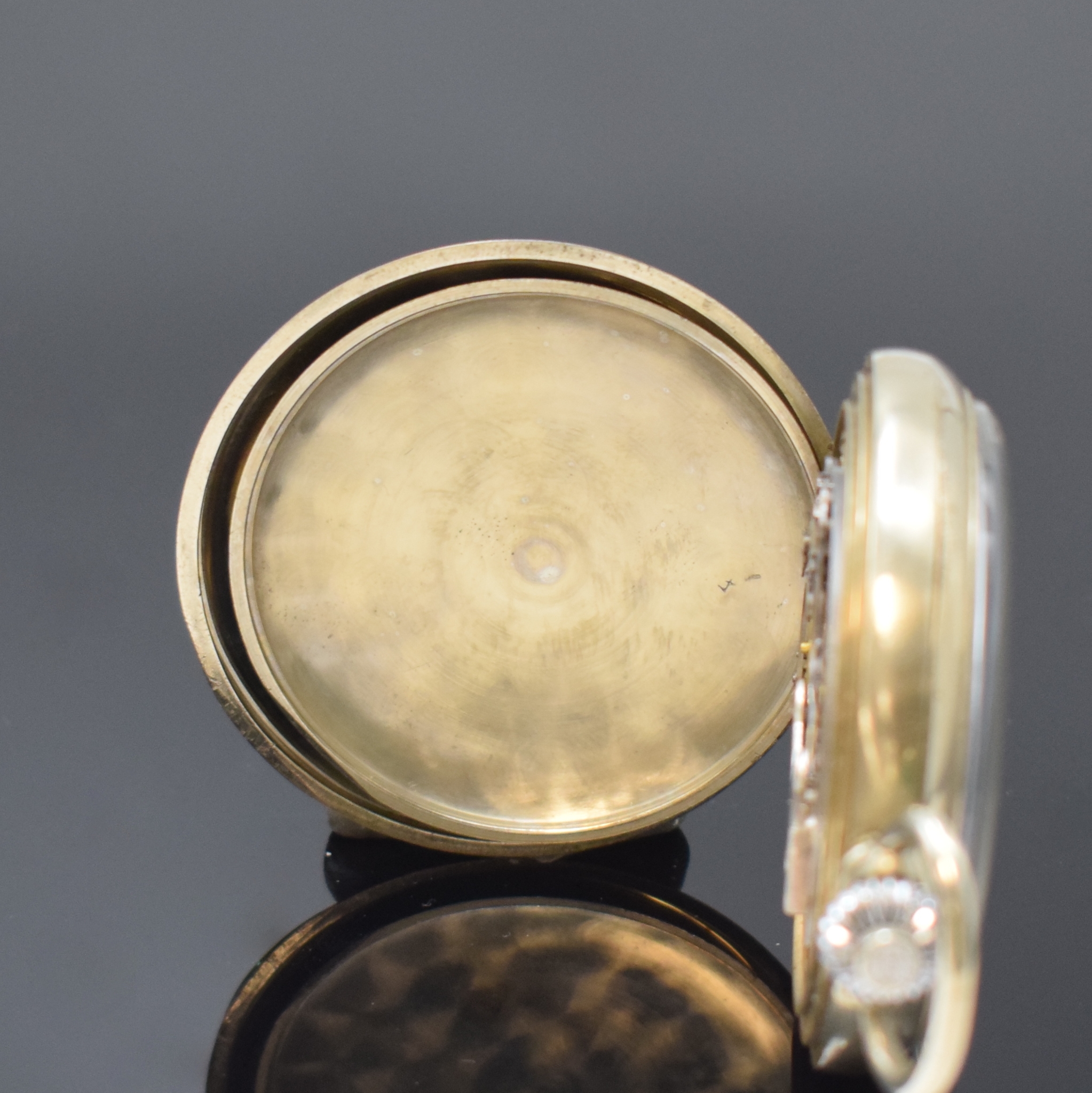 Detail d: MINERVA offene Taschenuhr Kaliber 9-19 mit Schaltradchronograph, Schweiz um 1930, glattes Nickelgeh., schwarzes Glanz-Zifferbl. Leuchtzahlen u. orig. ...