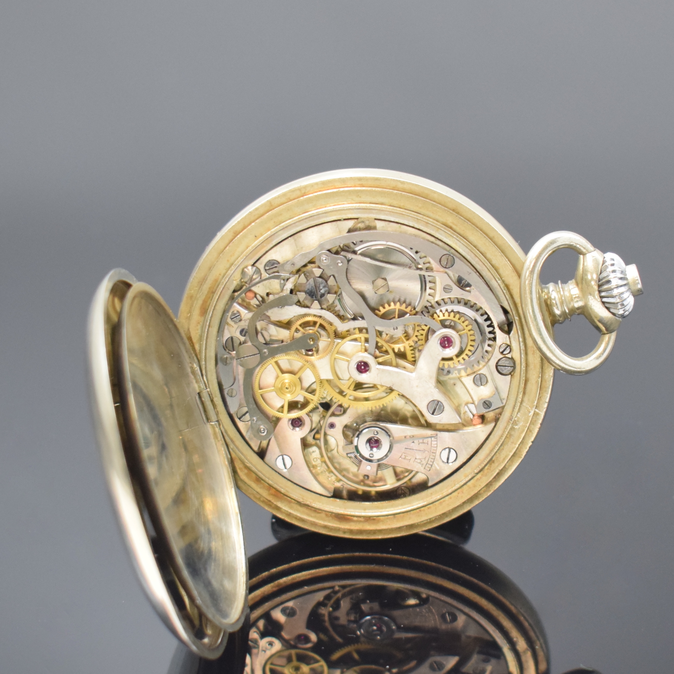 Detail e: MINERVA offene Taschenuhr Kaliber 9-19 mit Schaltradchronograph, Schweiz um 1930, glattes Nickelgeh., schwarzes Glanz-Zifferbl. Leuchtzahlen u. orig. ...