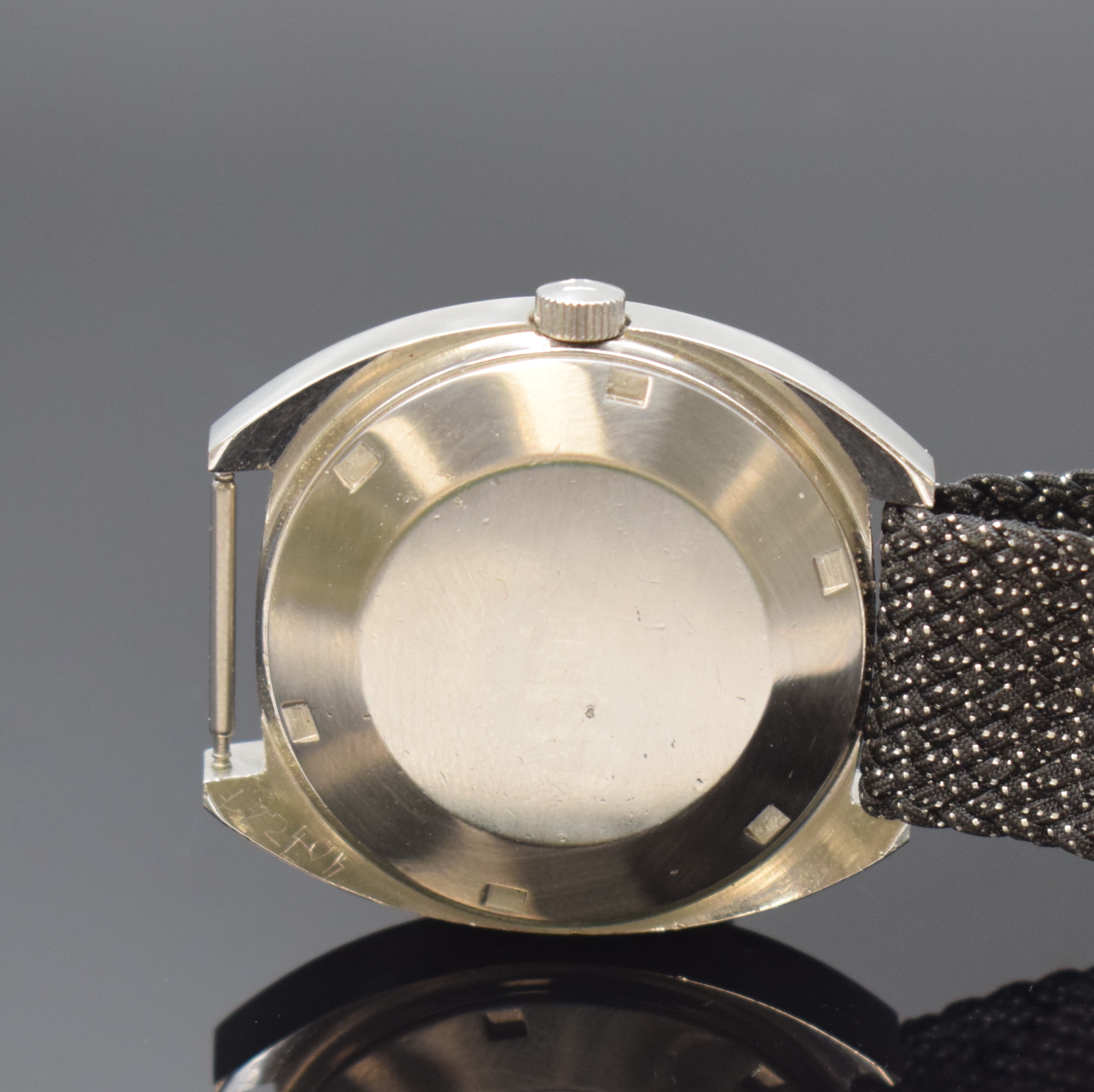 Detail c: TISSOT Seastar Herrenarmbanduhr Referenz 46587-1x, Schweiz um 1970, Automatik, Edelstahl, Boden verschr., blaues Zifferbl. m. aufges. Std.-Ind., ...