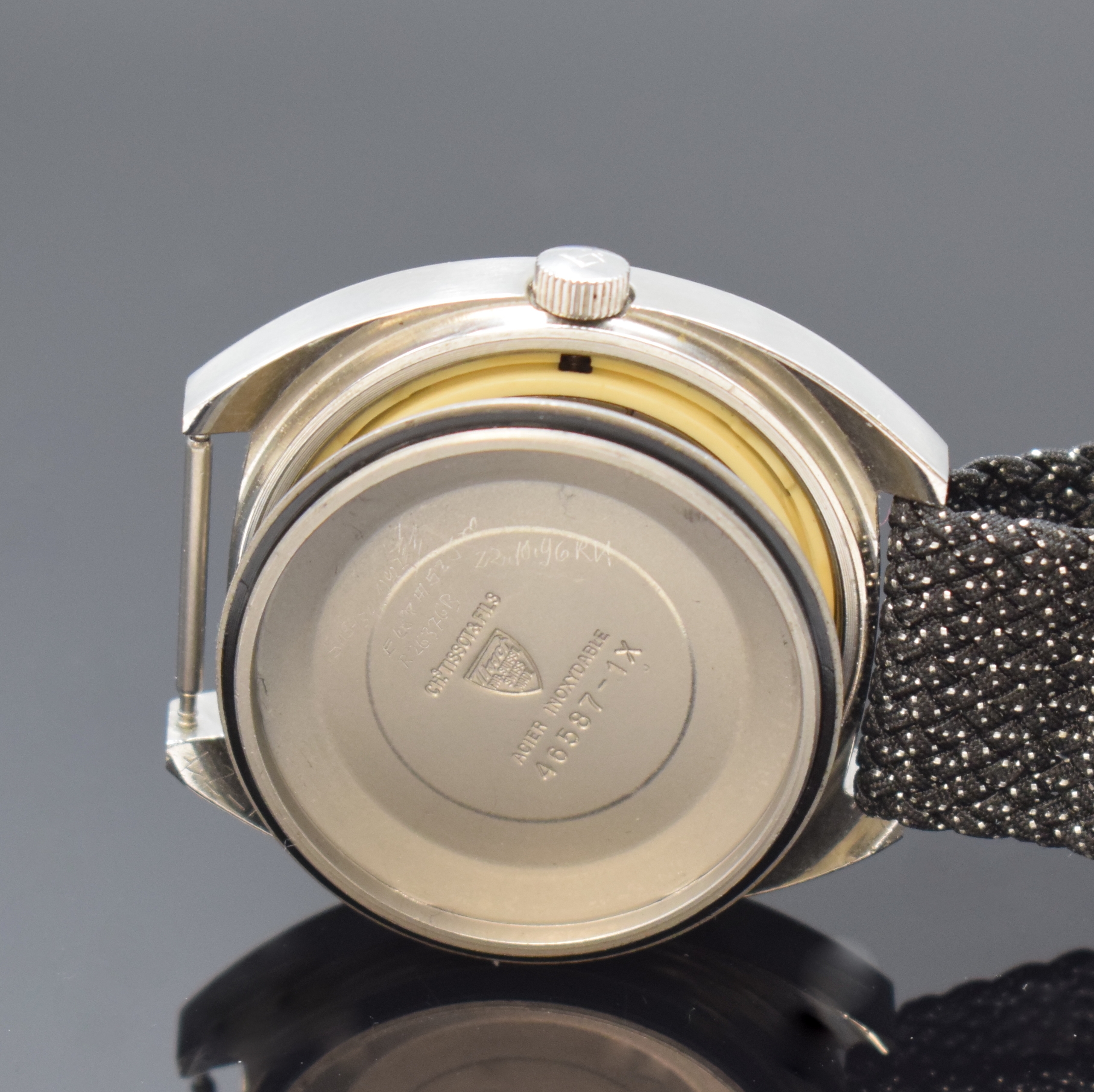 Detail f: TISSOT Seastar Herrenarmbanduhr Referenz 46587-1x, Schweiz um 1970, Automatik, Edelstahl, Boden verschr., blaues Zifferbl. m. aufges. Std.-Ind., ...