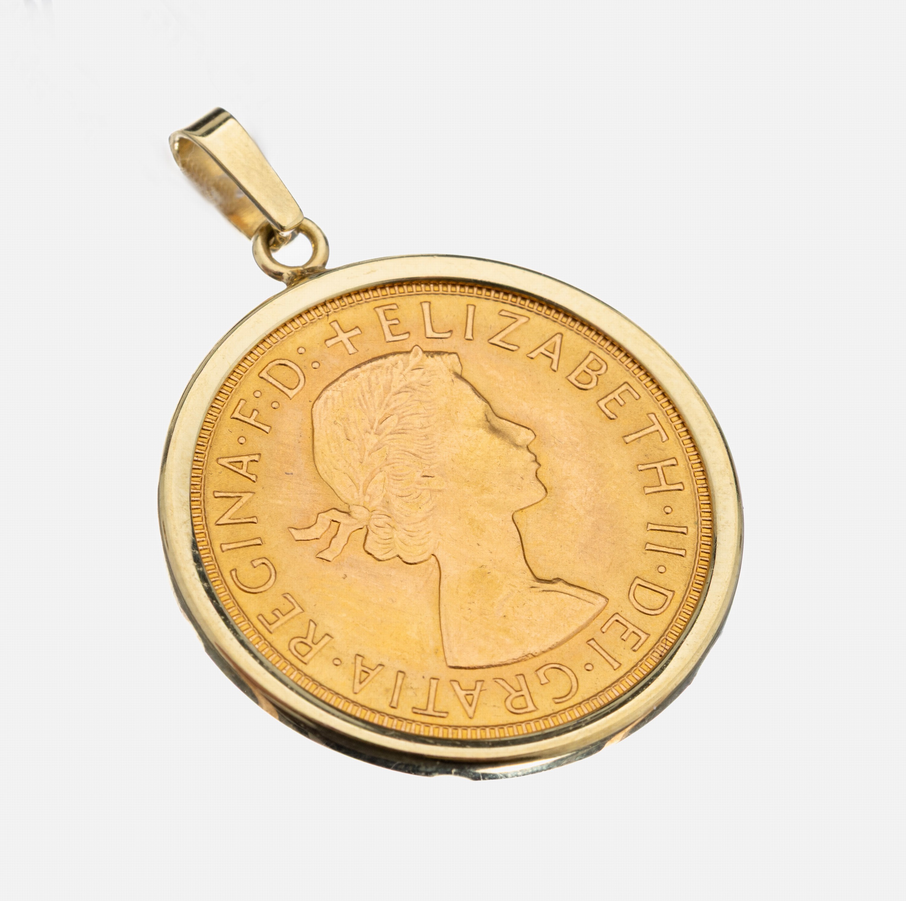 14 kt Gold Münz-Anhänger, GG 585/000, lose gefasste Goldmünze, Sovereign, England, 1966, Elizabeth II., schlichte Rahmung, ca. 8.8 g
