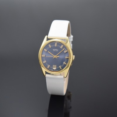Image Armbanduhr in GG 750/000, Schweiz um 1970, Automatik, Boden aufgedr., blaues Zifferbl. ...
