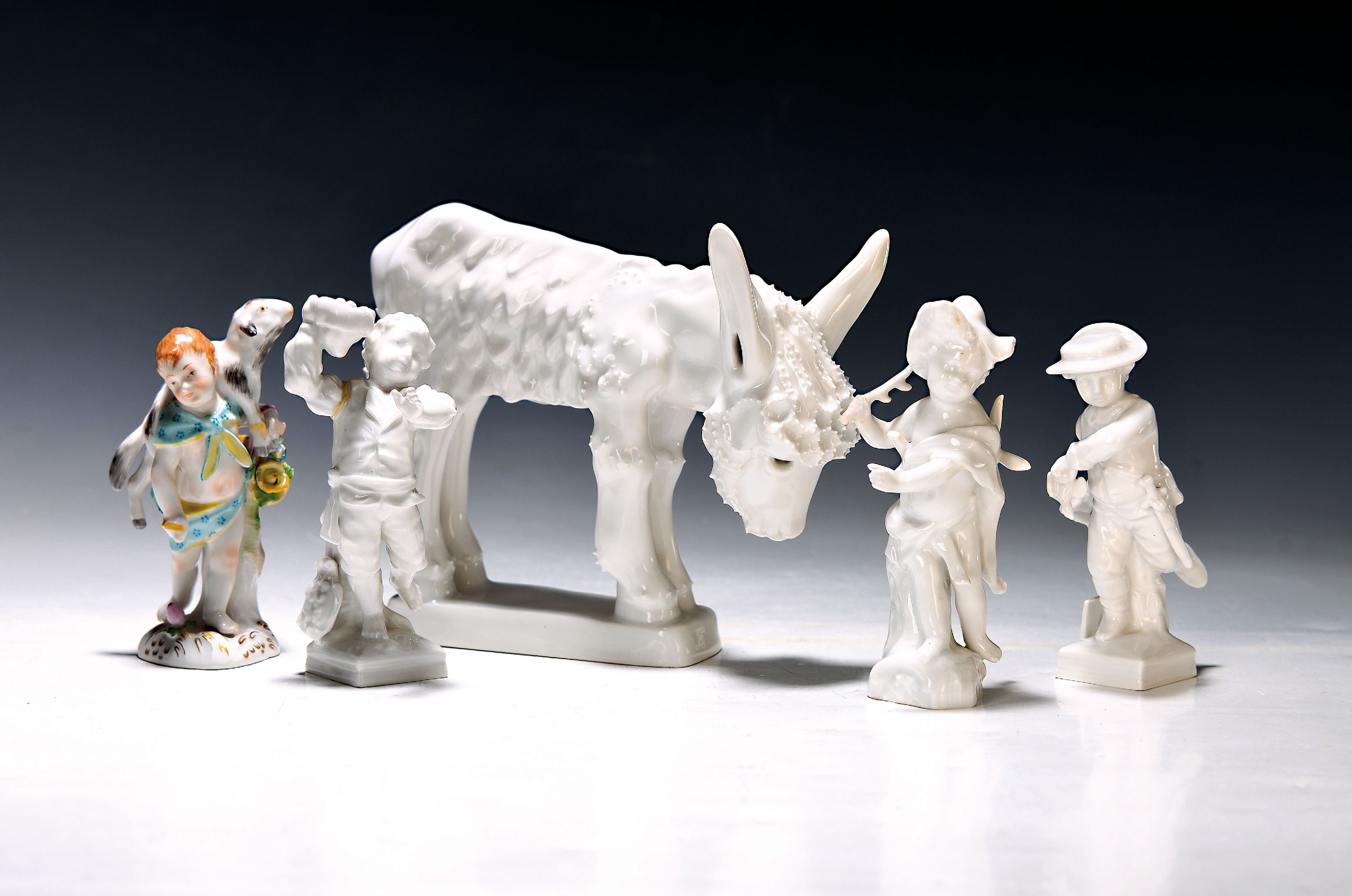 Image 26910523 - Fünf Porzellanfiguren, KPM Berlin, 20. Jh., Esel und vier allegorische Darstellungen, ...