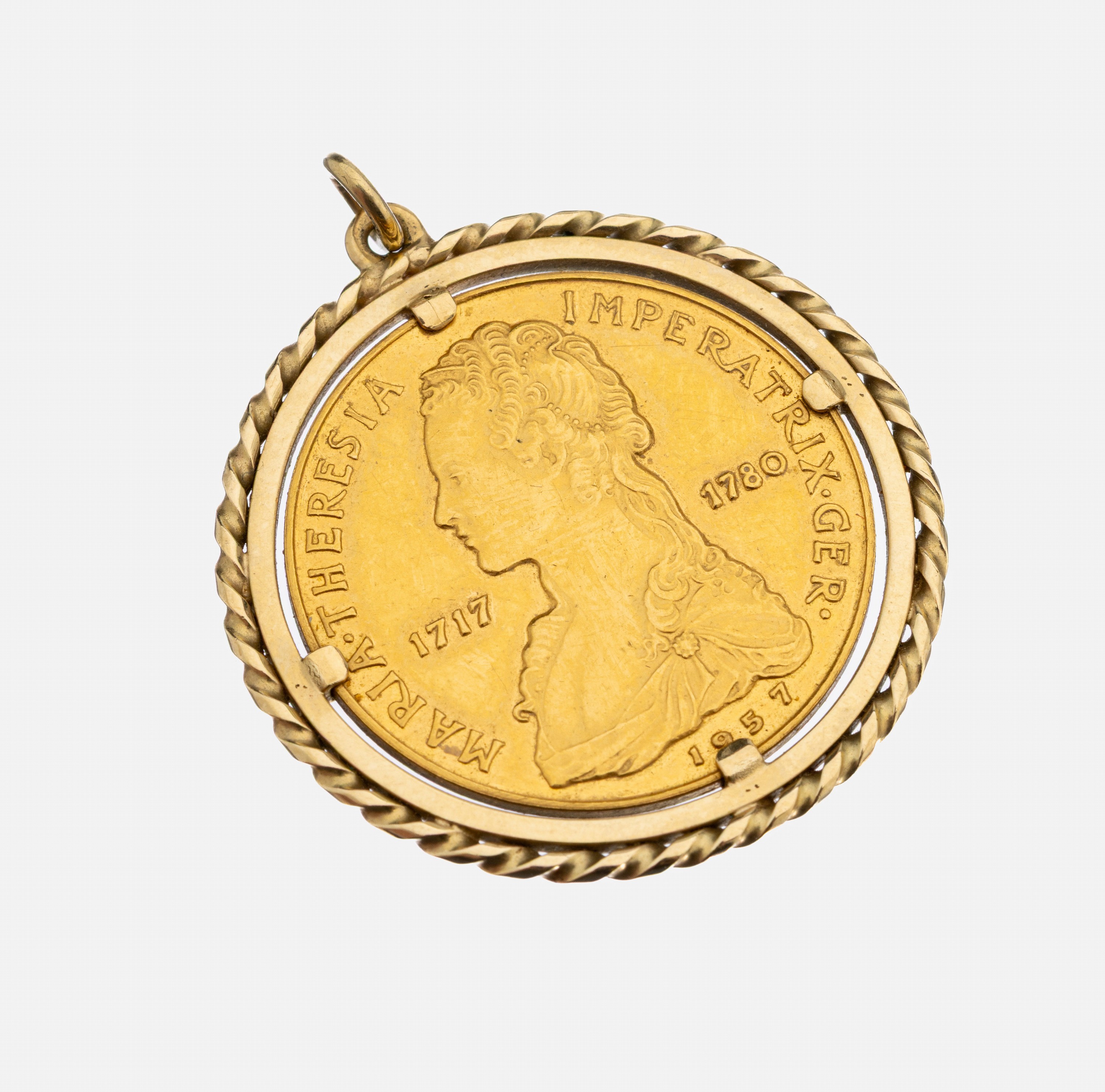 14 kt Gold Münz-Anhänger, GG 585/000, lose gefasste Aureus Magnus 2.5 Dukaten Münze, Maria Theresia 1717-1780, D. ca. 3.2 cm, ca. 12.7 g