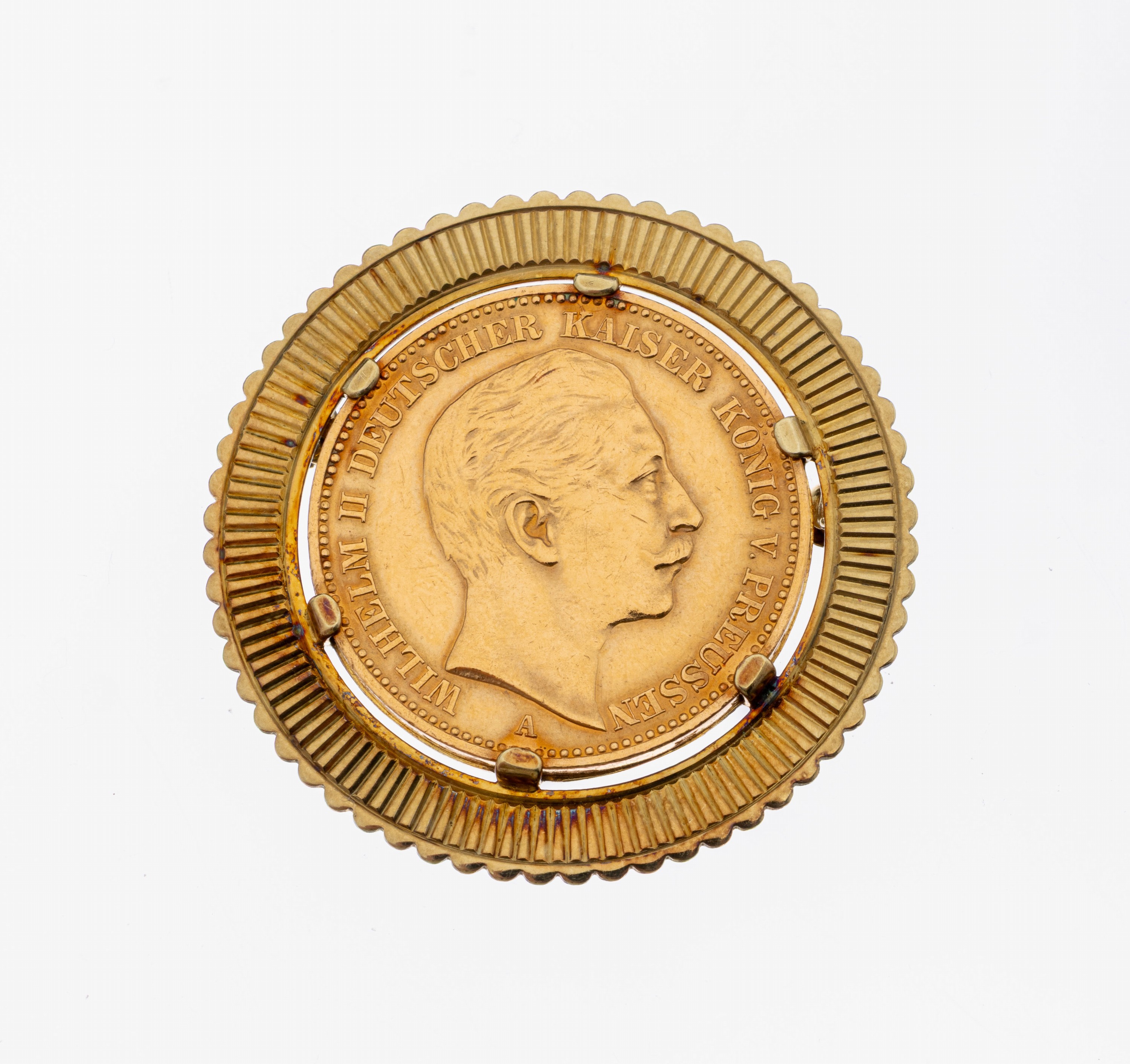 14 kt Gold Münz-Brosche, GG 585/000, lose gefasste Goldmünze, 20 Mark, Deutsches Reich, 1902, Wilhelm II. Deutscher Kaiser König von Preußen, ...
