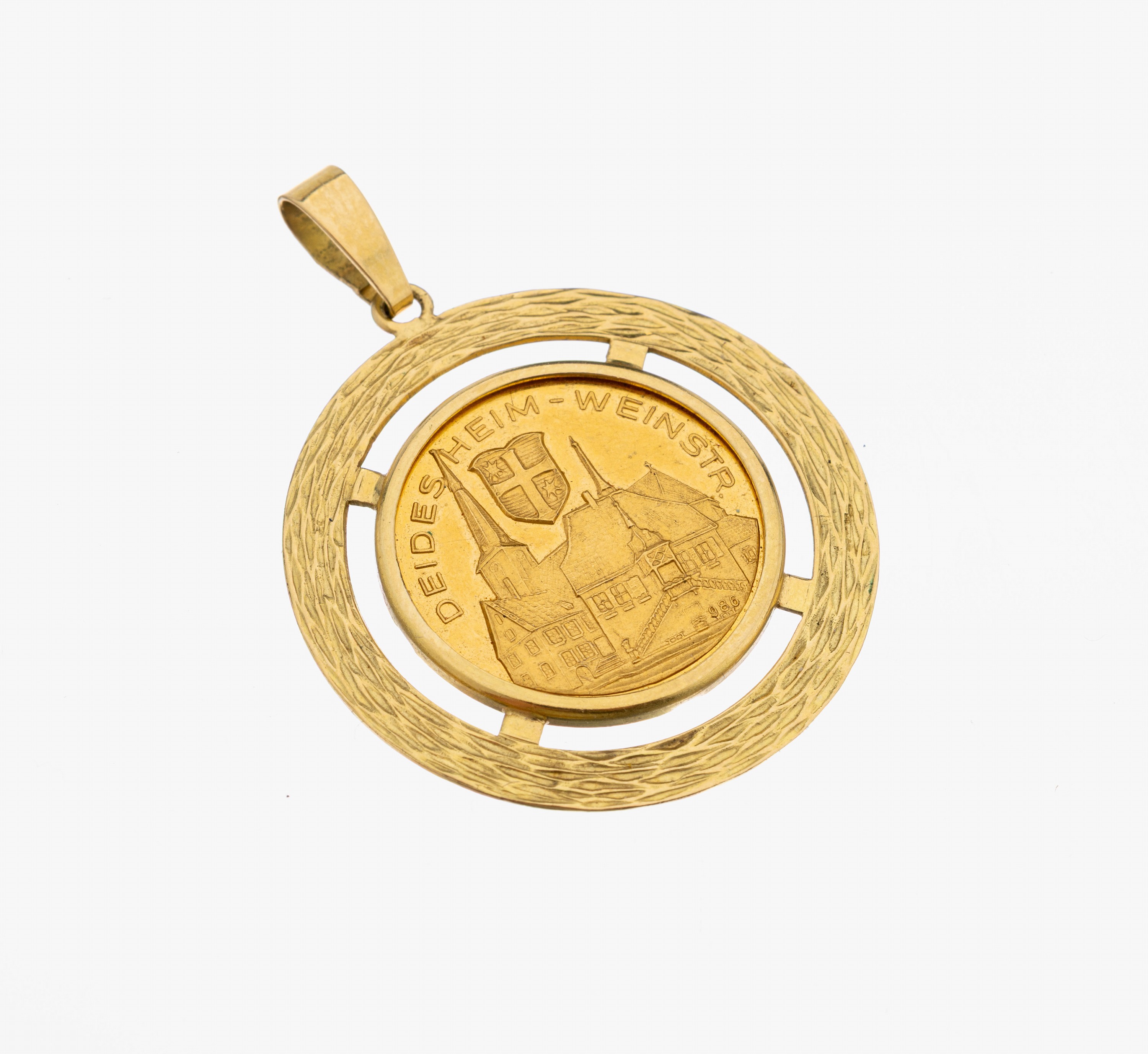 18 kt Gold Medaillen-Anhänger, GG 750/000, lose gefasste Goldmedaille, Stadtansicht auf Deidesheim, GG 986/000, Rahmung mit Borkenmuster, D. ca. ...