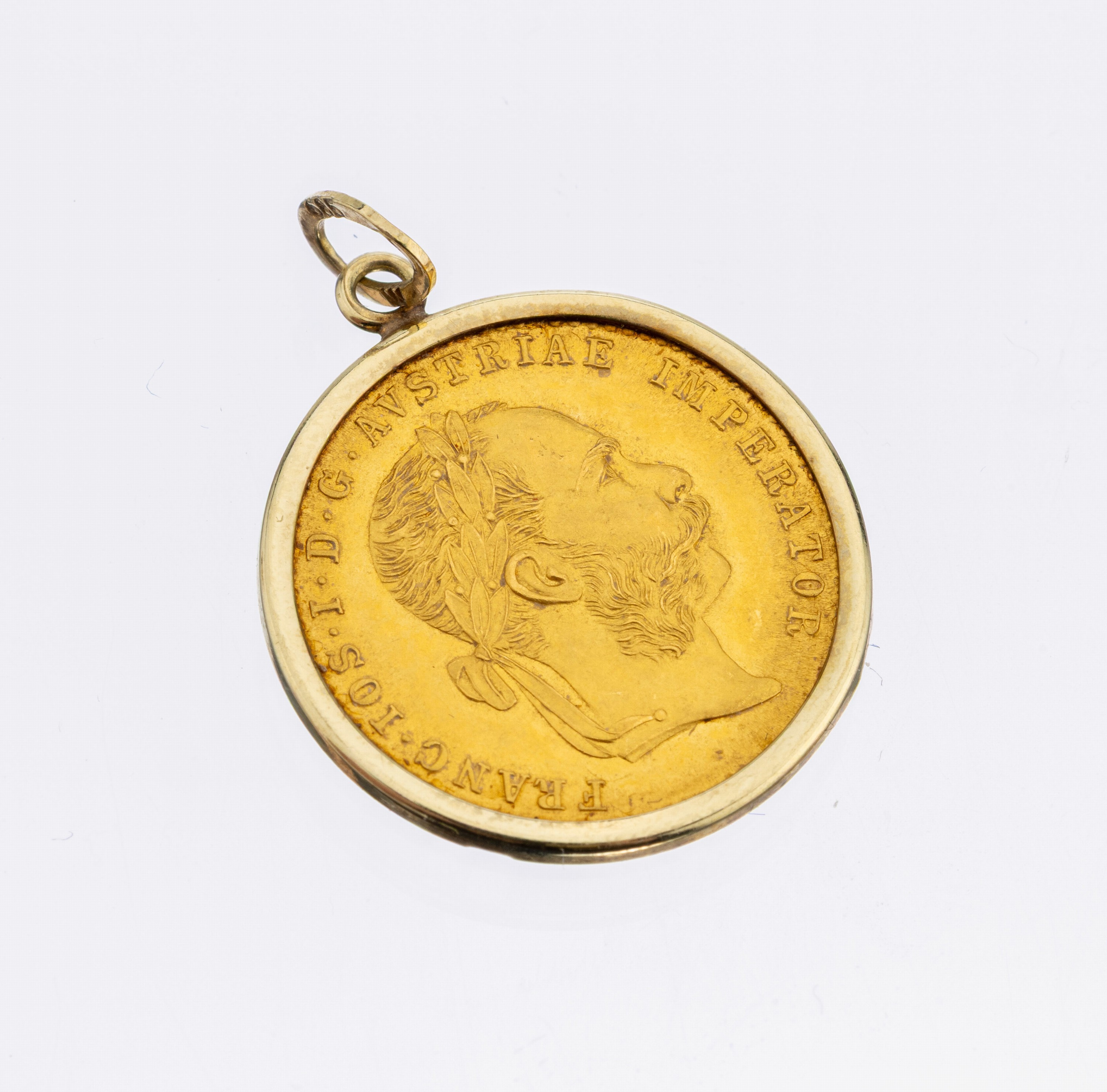 14 kt Gold Münz-Anhänger, GG 585/000, lose gefasste Goldmünze, 1 Dukat, Österreich- Ungarn, Franz Joseph, 1915 offizielle Nachprägung, ...