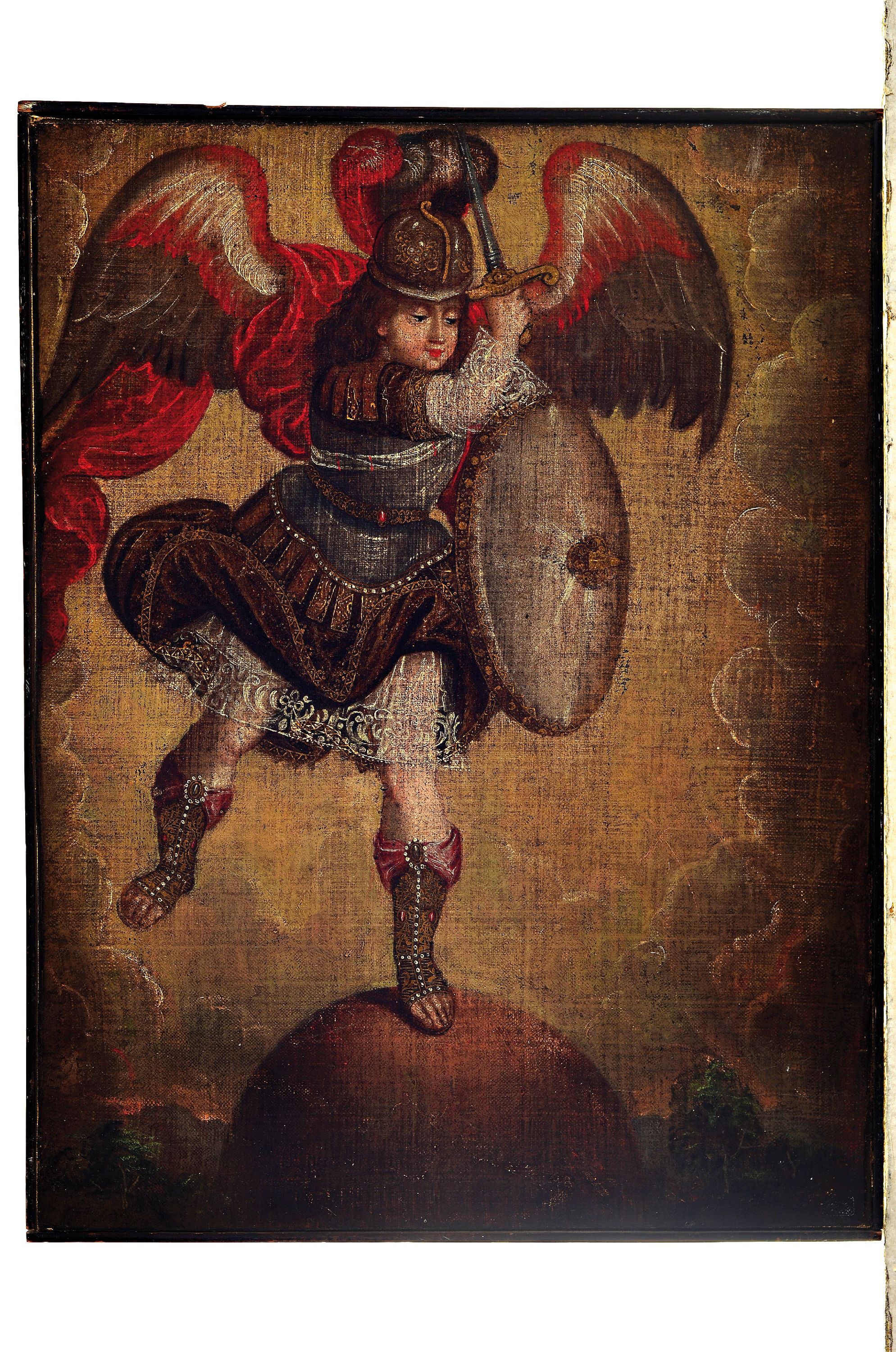 Detail k: Unbekannter barocker Künstler, 18. Jh., Erzengel Michael mit Schwert und Schild, lasierende Malerei, unsigniert, alte Restaurierung, doubliert, ...