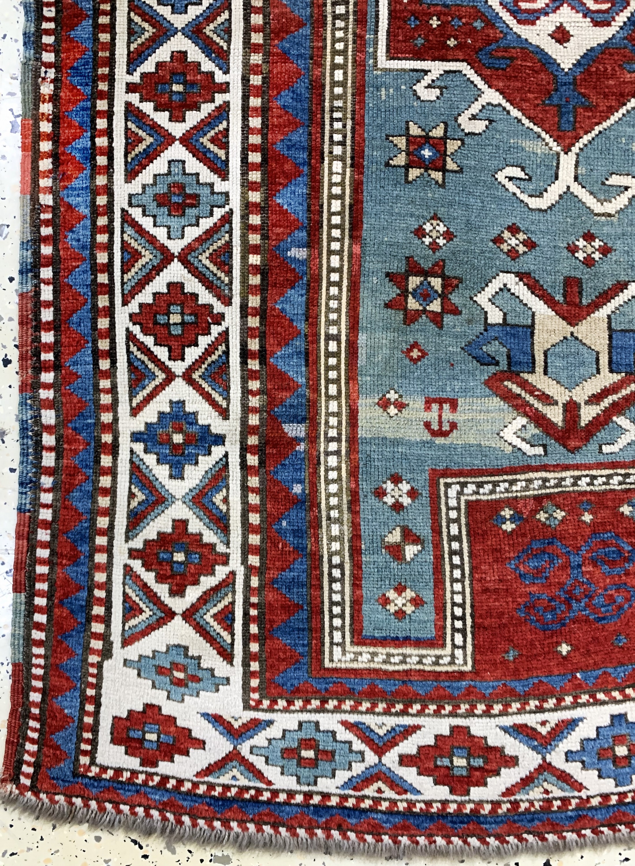 Detail b: "Fachalo"Kazak antik, Kaukasus, 19.Jhd, Wolle auf Wolle, ca. 150 x 104 cm, EHZ: 3, (alte restaurierungen)