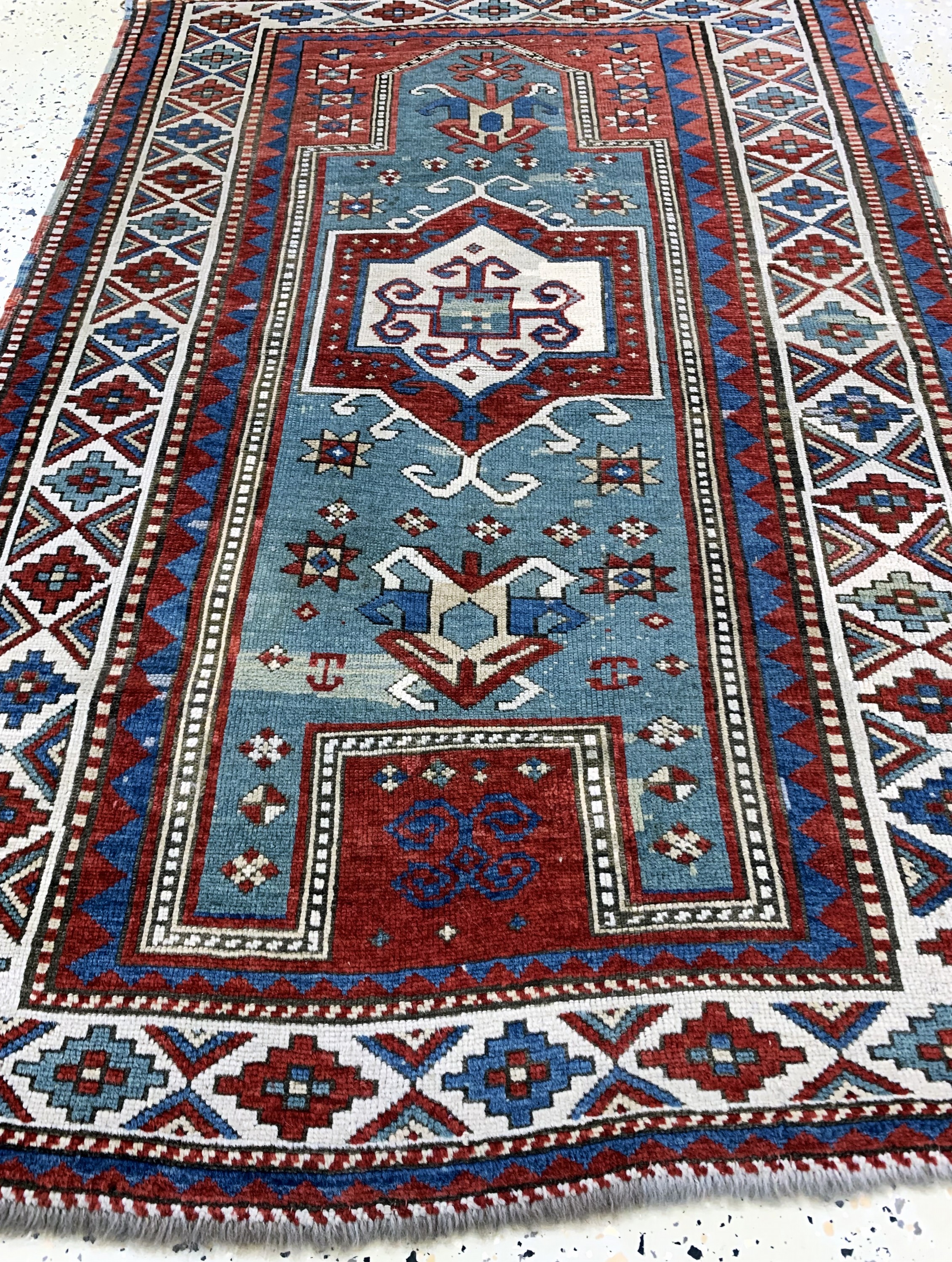 Detail e: "Fachalo"Kazak antik, Kaukasus, 19.Jhd, Wolle auf Wolle, ca. 150 x 104 cm, EHZ: 3, (alte restaurierungen)