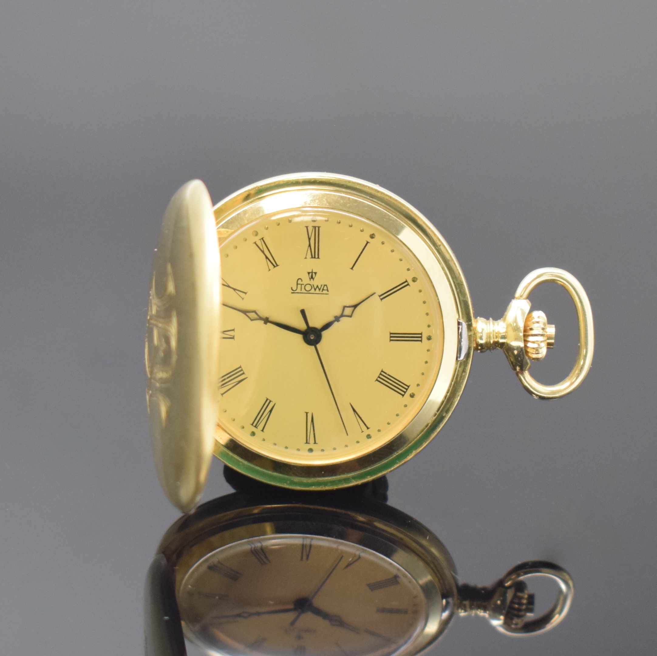 STOWA Frackuhr Savonette in GG 585/000, Schweiz um 1970, Handaufzug, Sprungdeckel m. Monogramm, rücks. aufgedr., gold. Zifferbl. m. röm. Zahlen u. ...