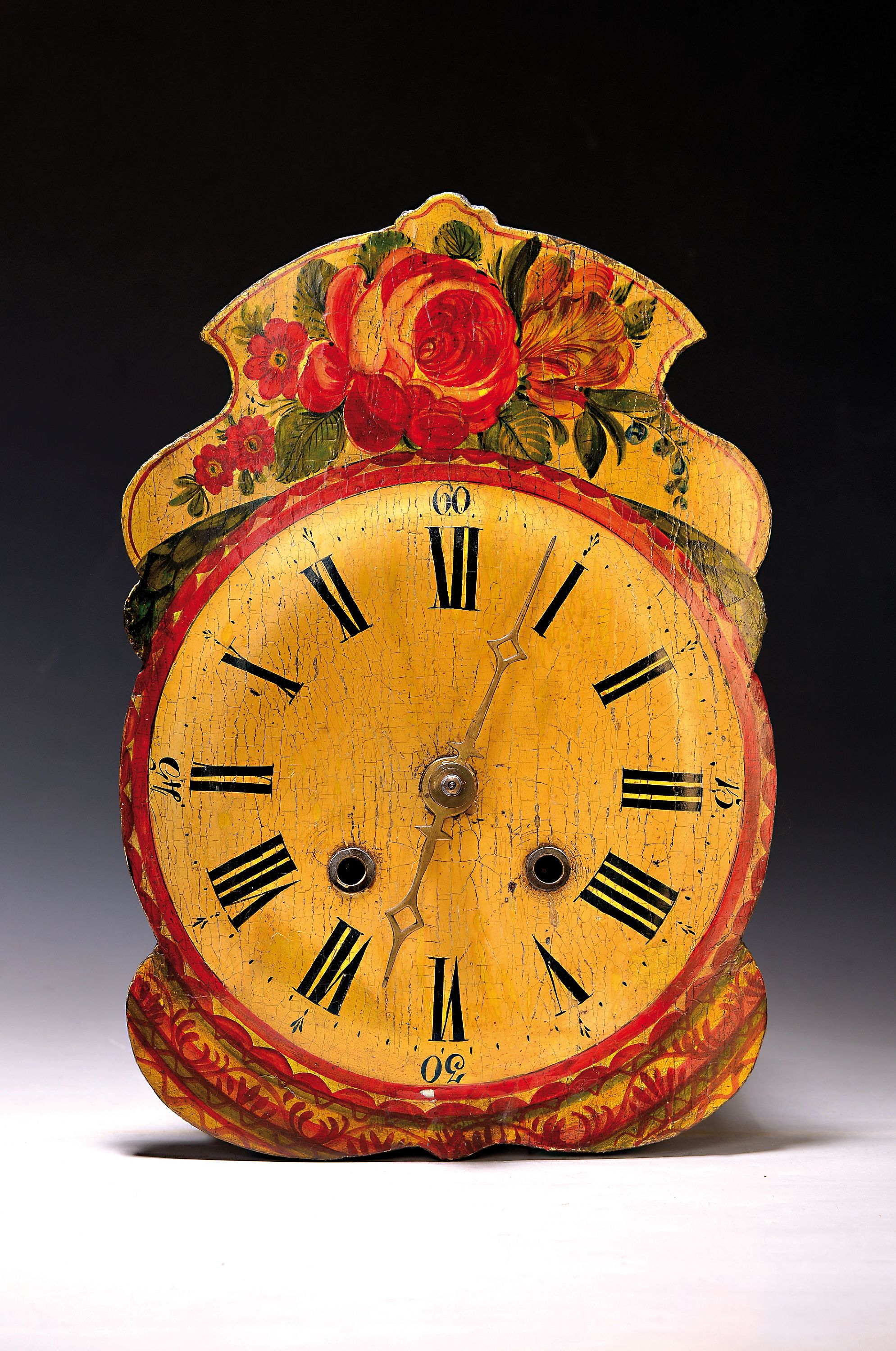 Schilderuhr, oval, sog. Barockform, Wochenläufer, Schwarzwald um 1870, bemalt, erhabener Ziffernkreis, Holzplatinenwerk, holzgespindelt, ...