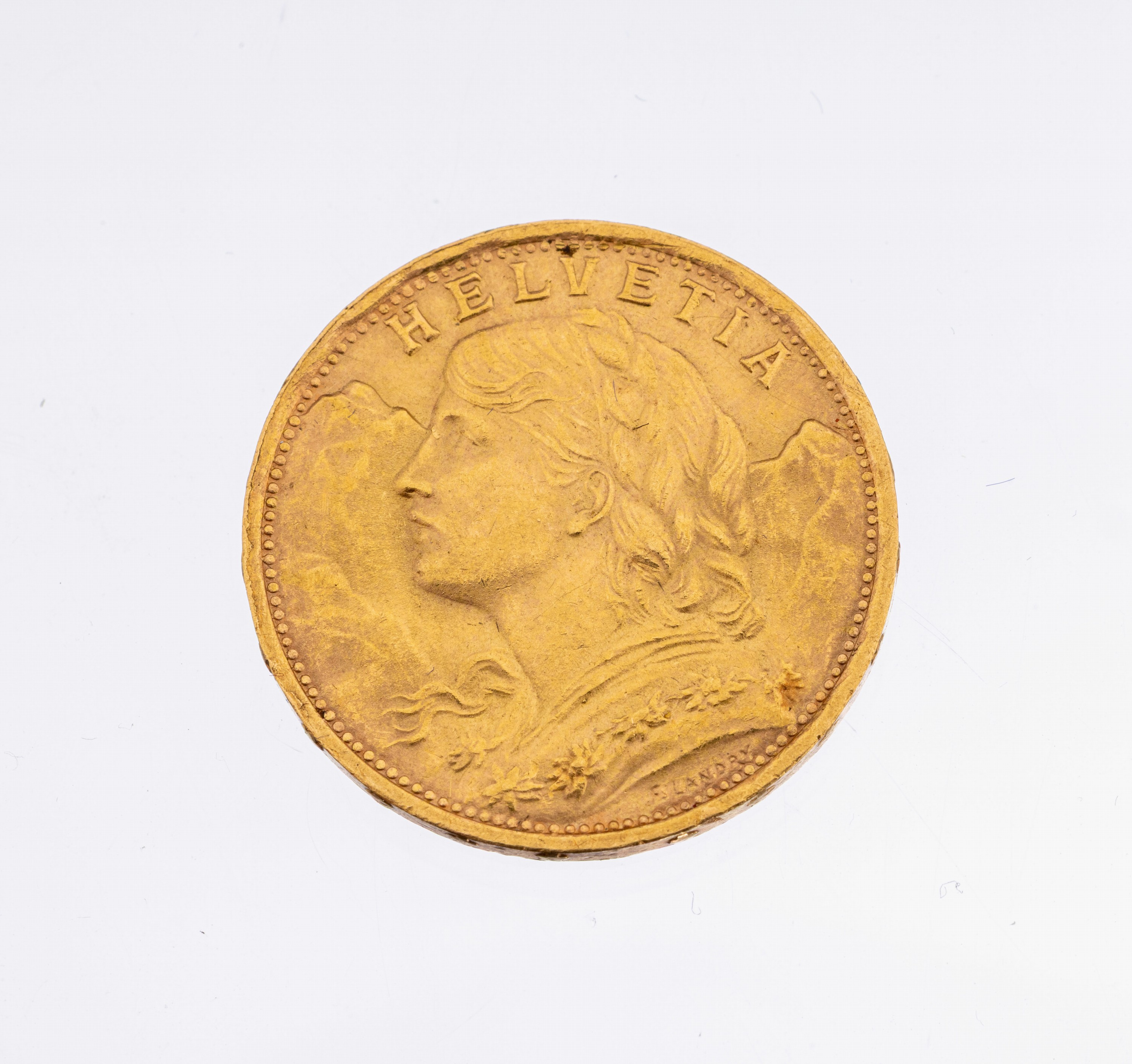Goldmünze 20 Franken, Schweiz, 1935, sogn. Vreneli, Helvetia