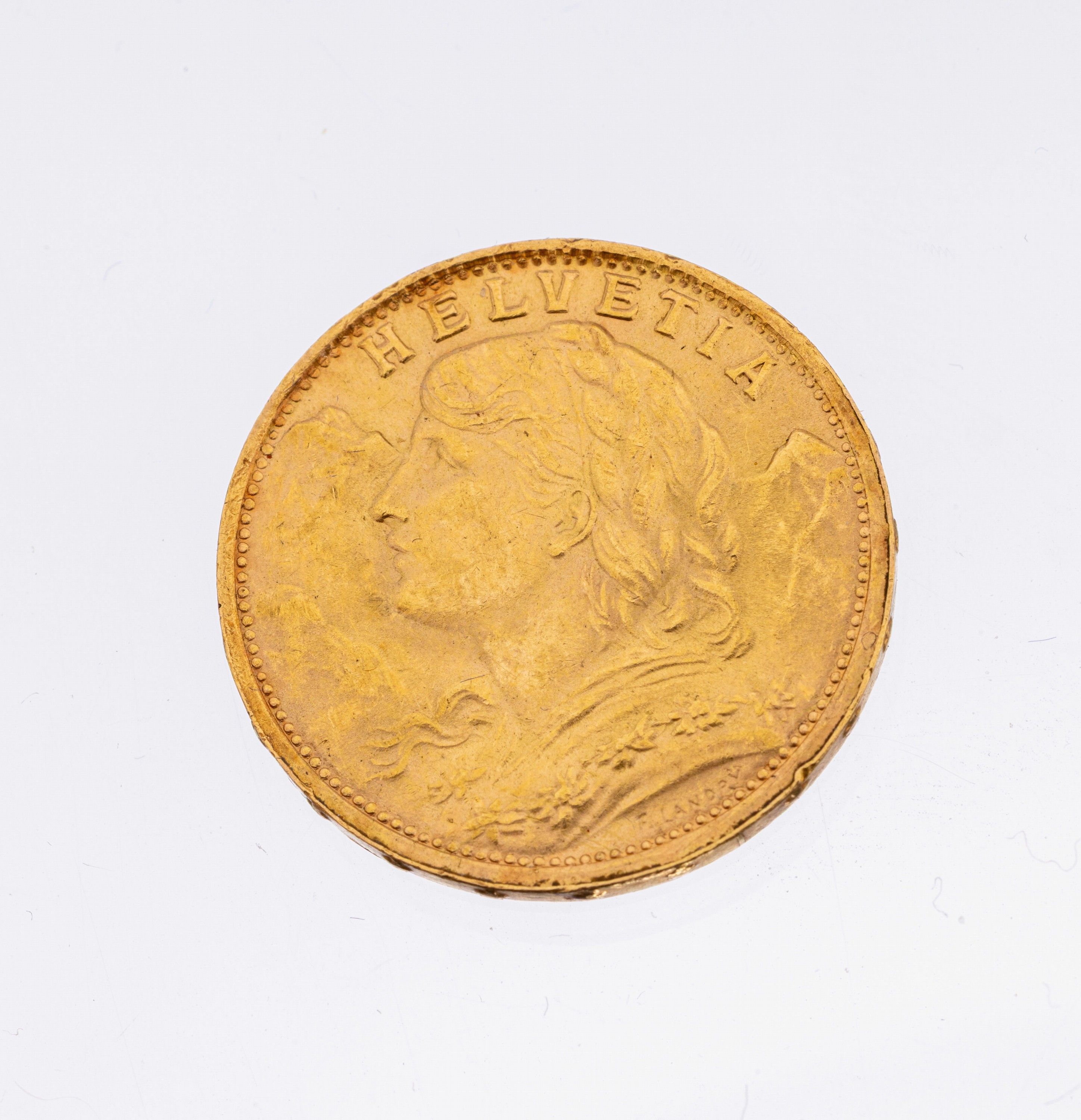 Goldmünze 20 Franken, Schweiz, 1935, sogn. Vreneli, Helvetia