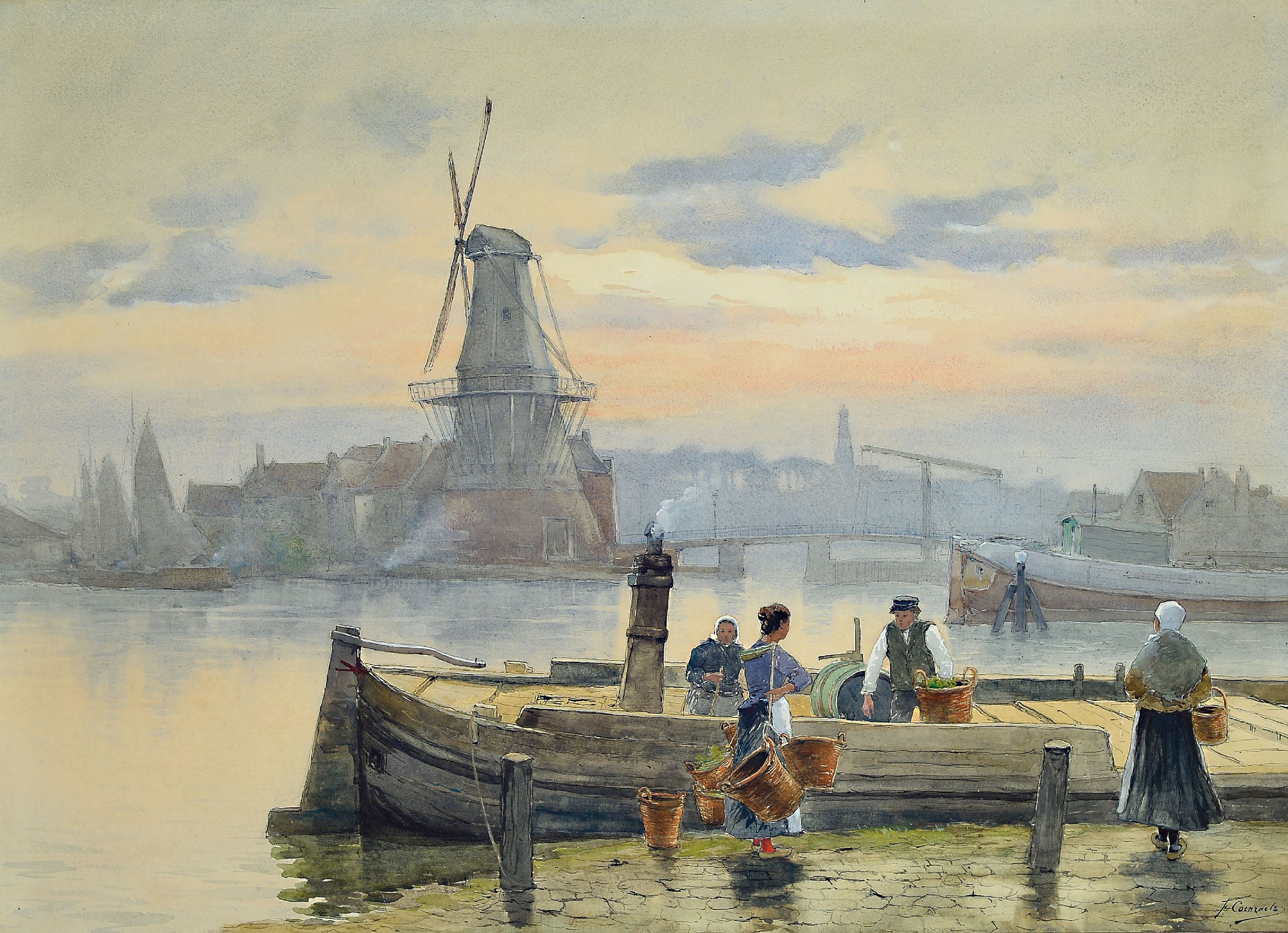 Ferdinand Coenraets, 1860-1939, Fischerboot vor einer holländischen Stadt, Aquarell auf Papier, rechts unten signiert, ca. 55x75cm, u.Gl., R. ca. ...