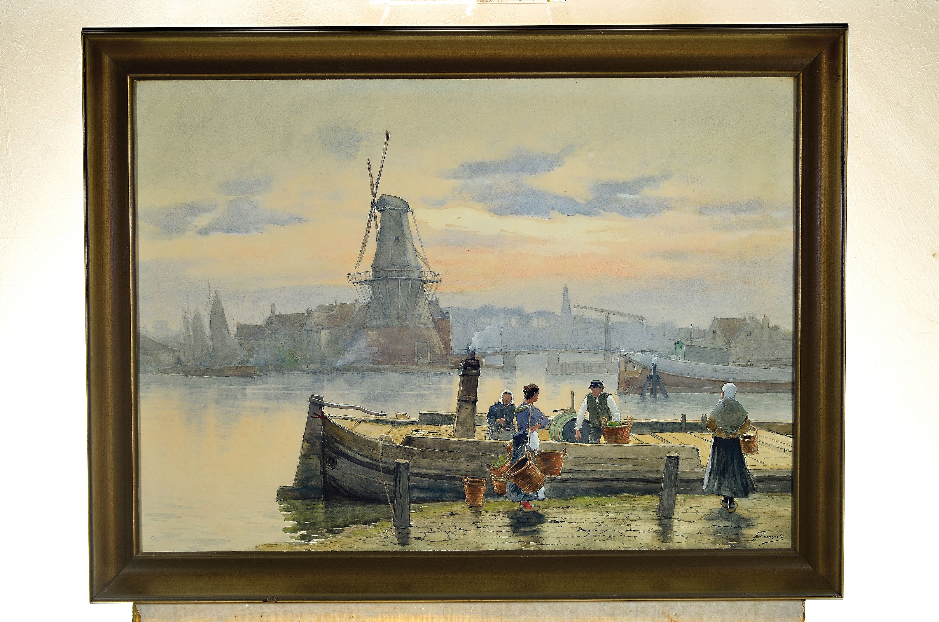 Detail k: Ferdinand Coenraets, 1860-1939, Fischerboot vor einer holländischen Stadt, Aquarell auf Papier, rechts unten signiert, ca. 55x75cm, u.Gl., R. ca. ...