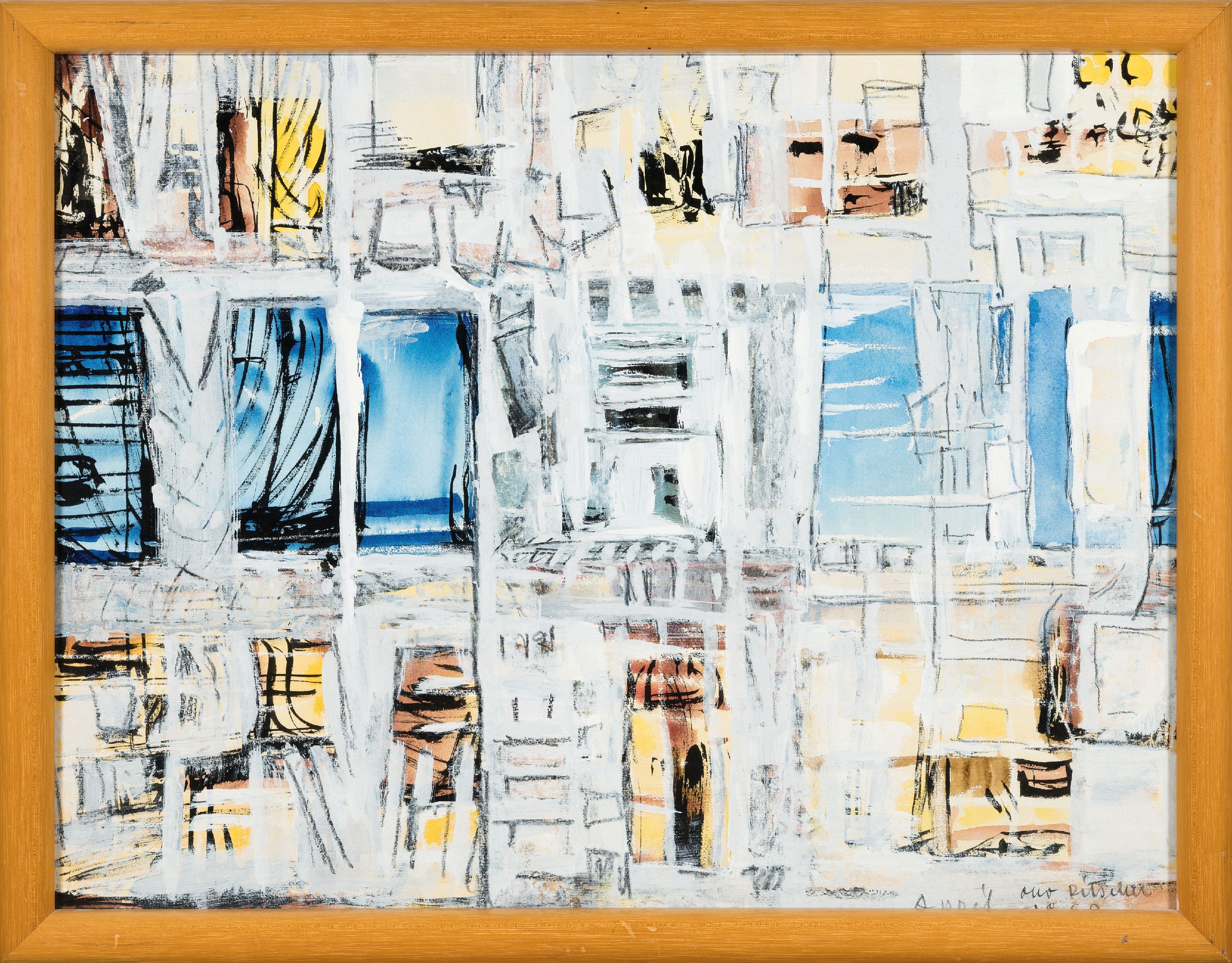 Otto Ditscher, 1904-1987 Neuhofen, abstrakte Häuseransicht, Gouache auf Papier, rechts unten sign. und dat. April 1960, ca. 42x55cm, u.Gl., R. ca. ...