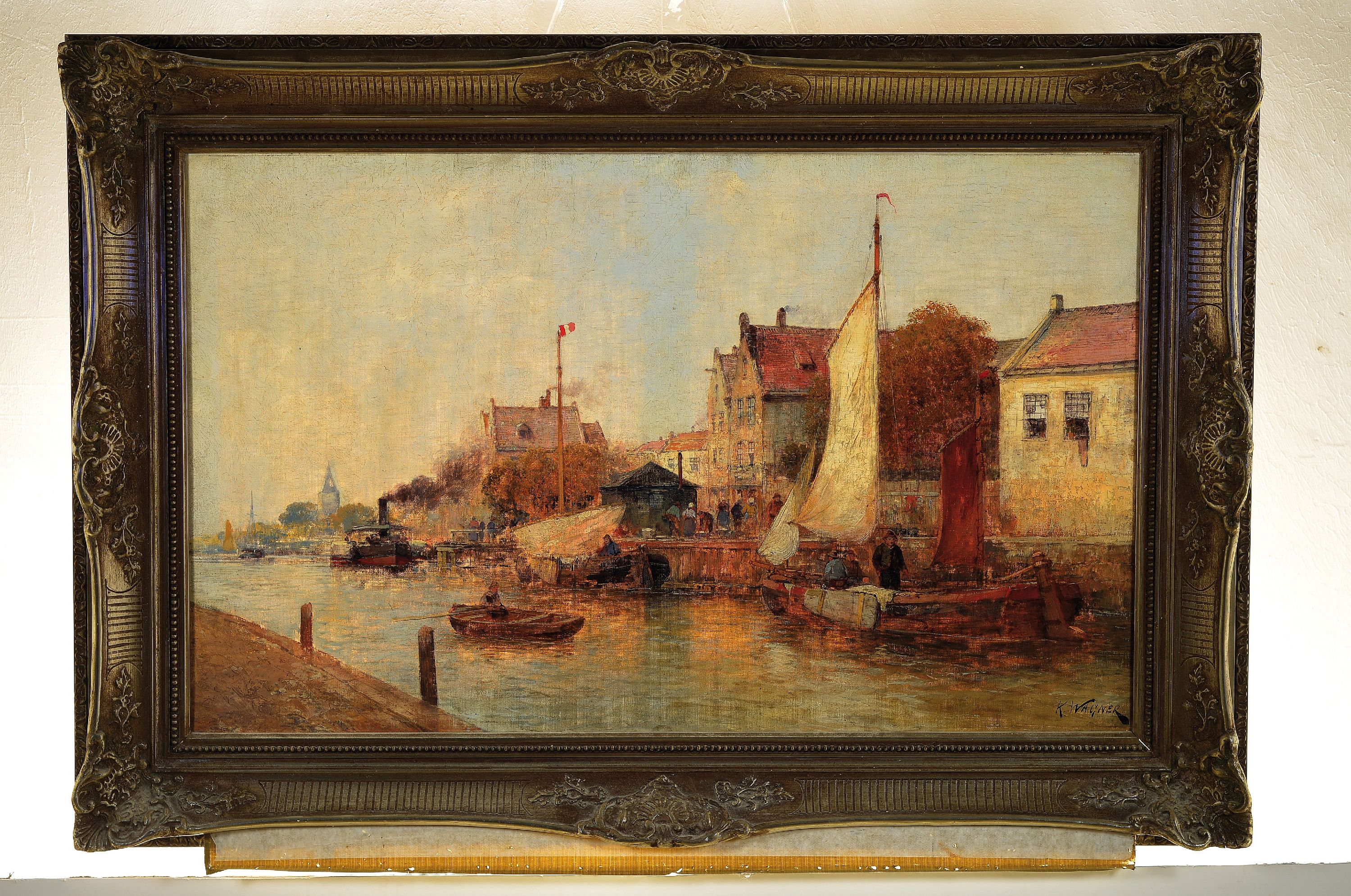 Detail k: Karl Ludwig Friedrich Wagner, 1839 Karlsruhe - 1923 Düsseldorf, wohl niederländische Stadtansicht mit Gracht, Öl/Lwd, signiert, ca. 50 x 80 cm, ...