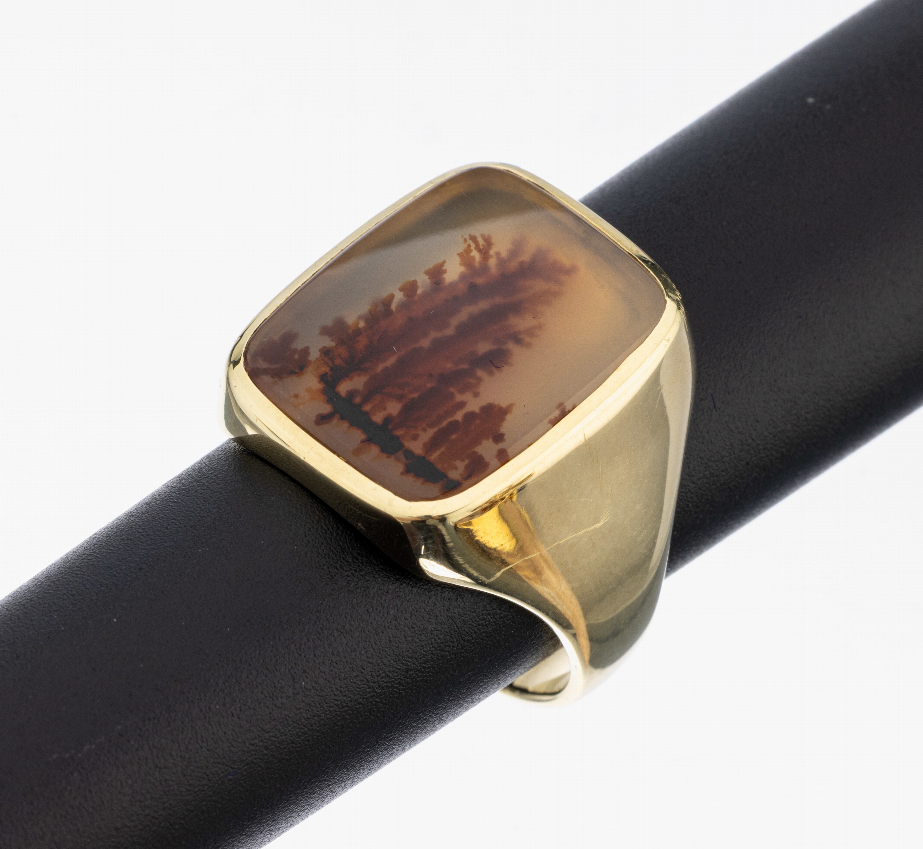 14 kt Gold Achat-Ring, GG 585/000, Landschaftsachat-Einlage, Handarbeit, Meistermarke unged., ca. 18.7 g, RW 72
