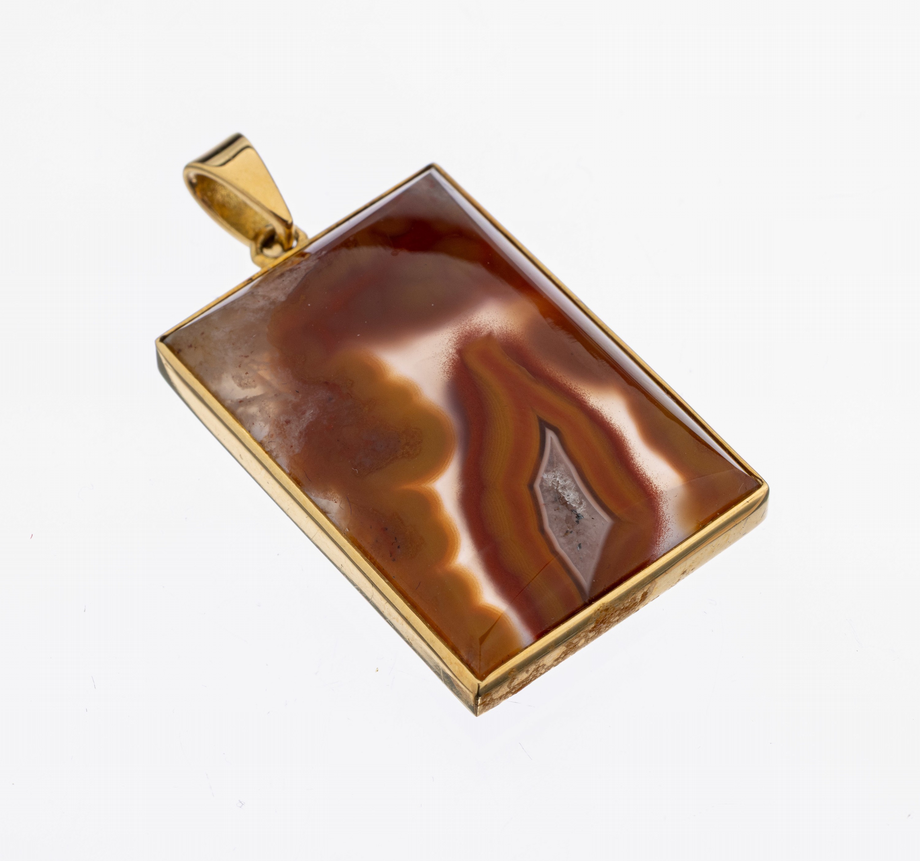 18 kt Gold Achat-Anhänger, GG 750/000, gewölbte Landschaftsachat-Einlage, Meistermarke unged., ca. 8.7 g, L. ca. 3.5 cm